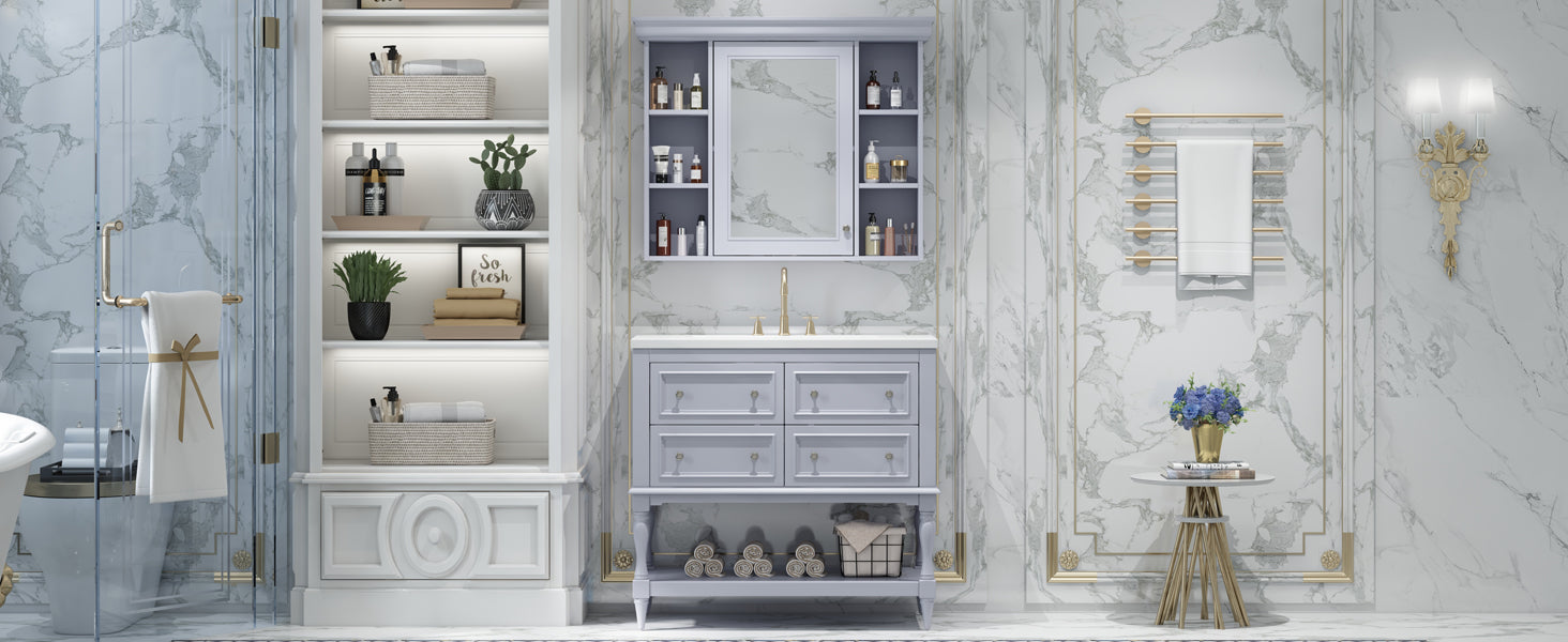 Meuble-lavabo de salle de bain 36'' avec armoire à pharmacie, armoire à miroir moderne avec étagère réglable, meuble de rangement de salle de bain avec 4 tiroirs