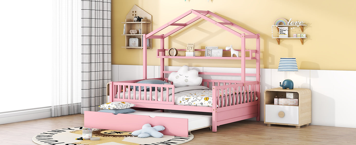 Lit cabane en bois pleine grandeur avec lit gigogne simple pour enfant et étagère, rose