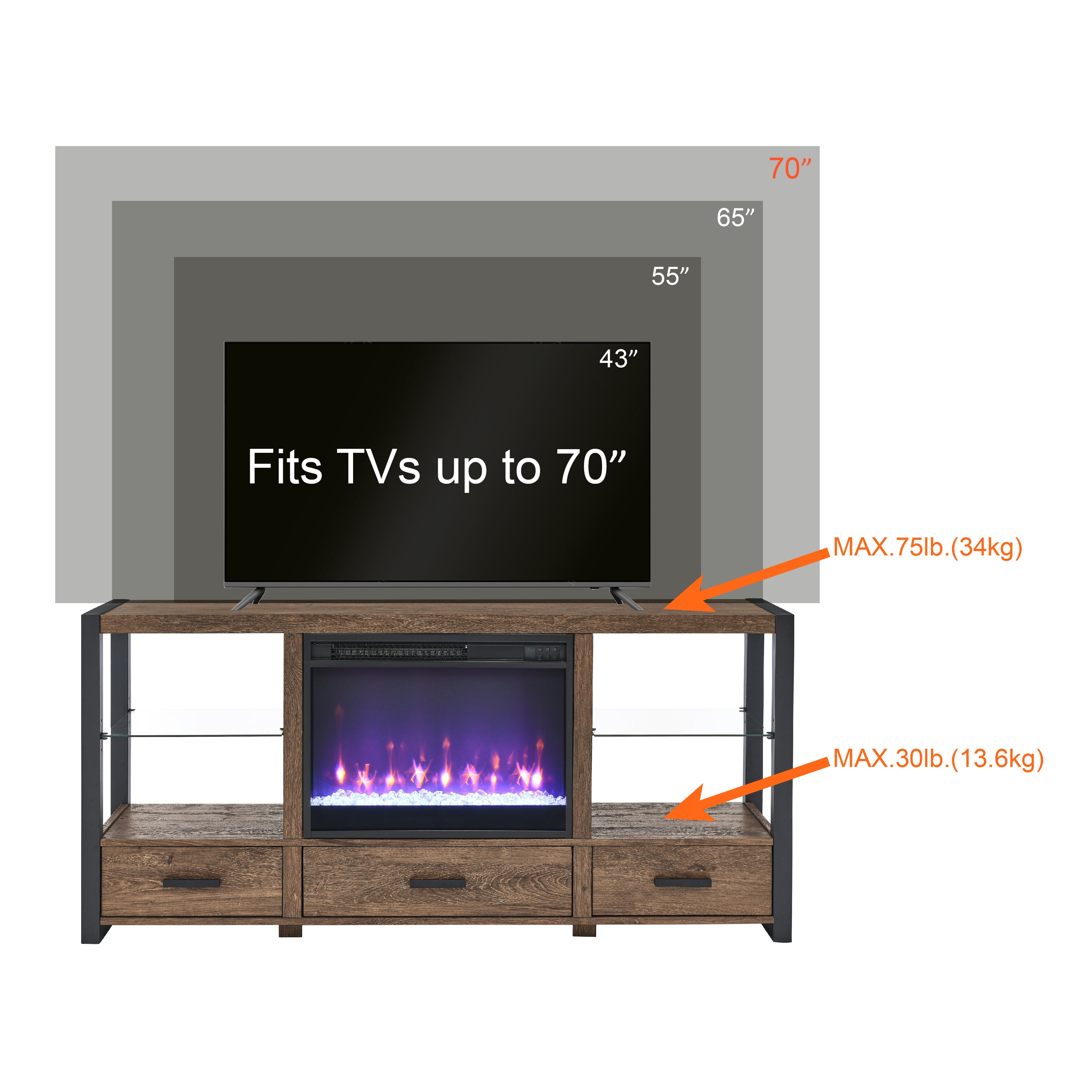Meuble TV multimédia avec foyer électrique de 60 pouces et lumières LED colorées synchronisées - Couleur bois de grange recyclé