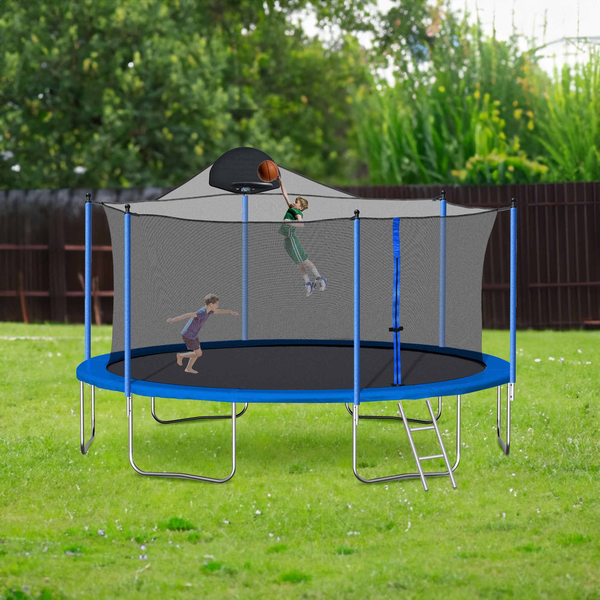 Trampoline de 14 pieds pour adultes et enfants avec panier de basket, trampolines d'extérieur avec échelle et filet de sécurité pour enfants et adultes