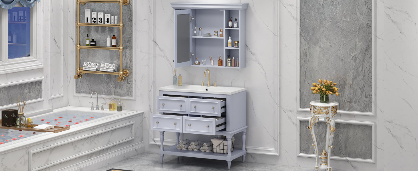 Meuble-lavabo de salle de bain 36'' avec armoire à pharmacie, armoire à miroir moderne avec étagère réglable, meuble de rangement de salle de bain avec 4 tiroirs