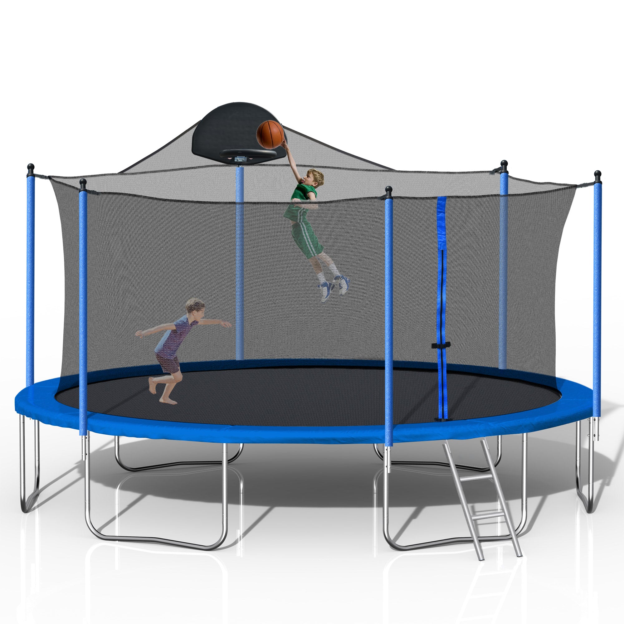 Trampoline de 14 pieds pour adultes et enfants avec panier de basket, trampolines d'extérieur avec échelle et filet de sécurité pour enfants et adultes
