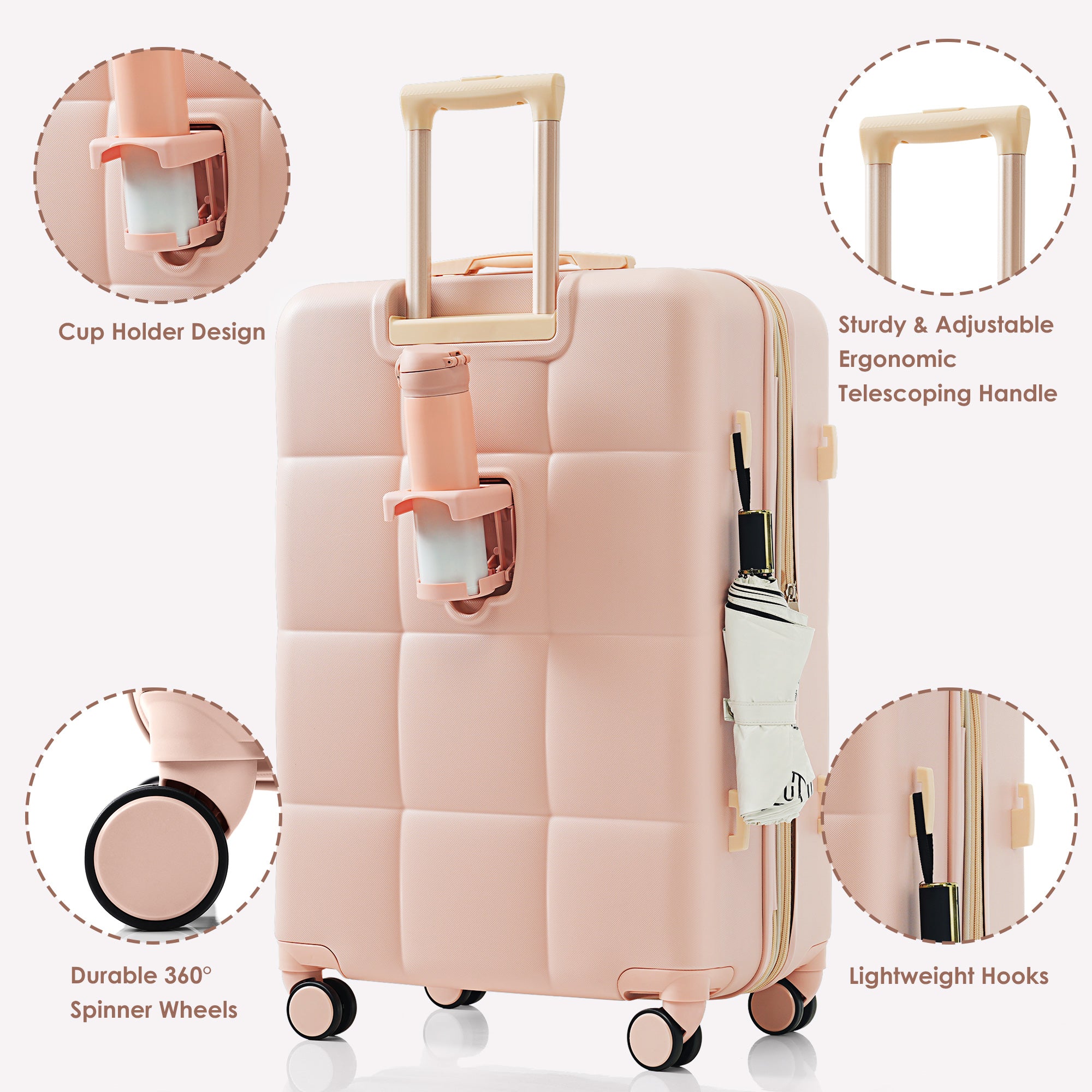 Ensemble de bagages 3 pièces, 20 pouces, valise rigide en ABS avec port USB et porte-gobelet, roue rotative, couleur rose