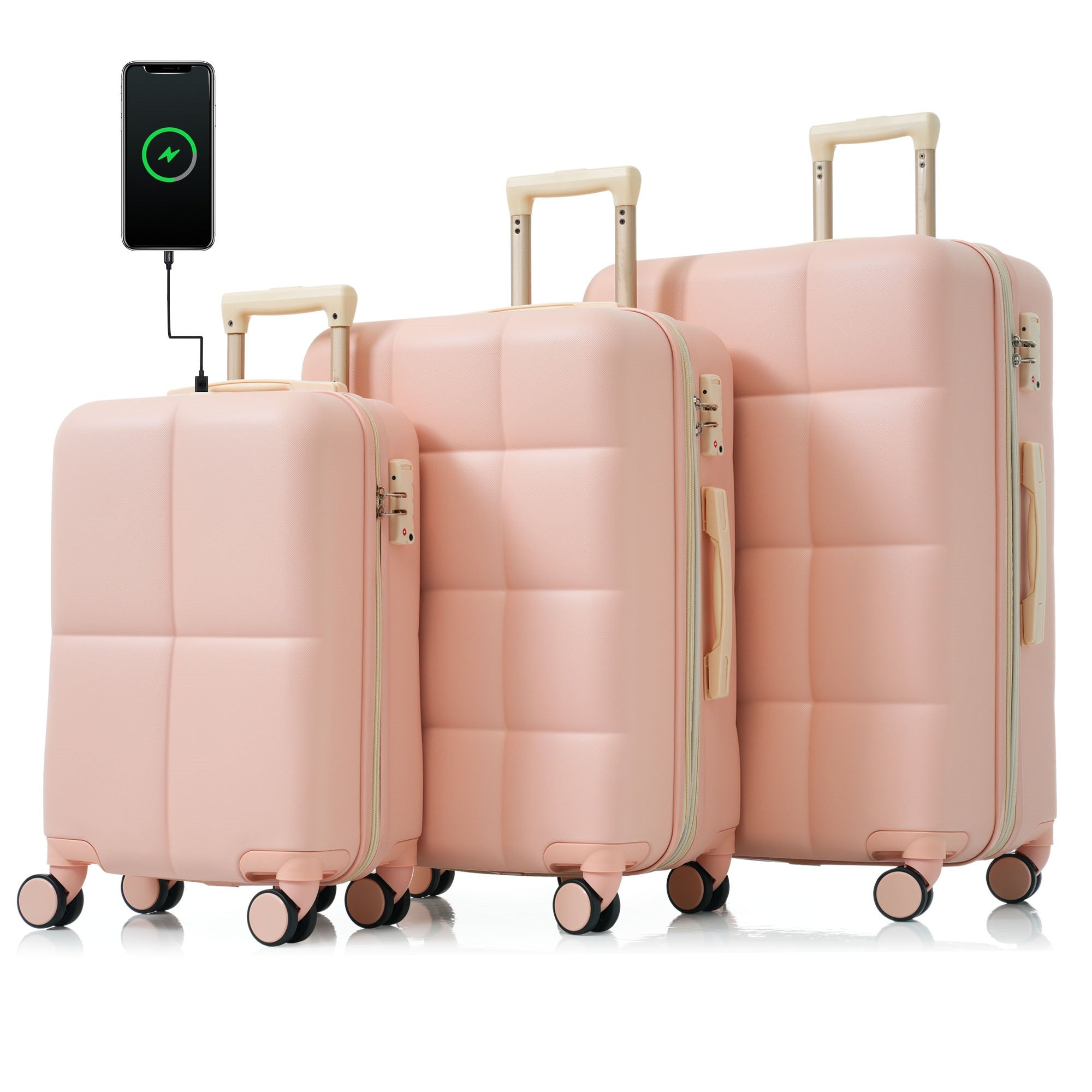 Ensemble de bagages 3 pièces, 20 pouces, valise rigide en ABS avec port USB et porte-gobelet, roue rotative, couleur rose