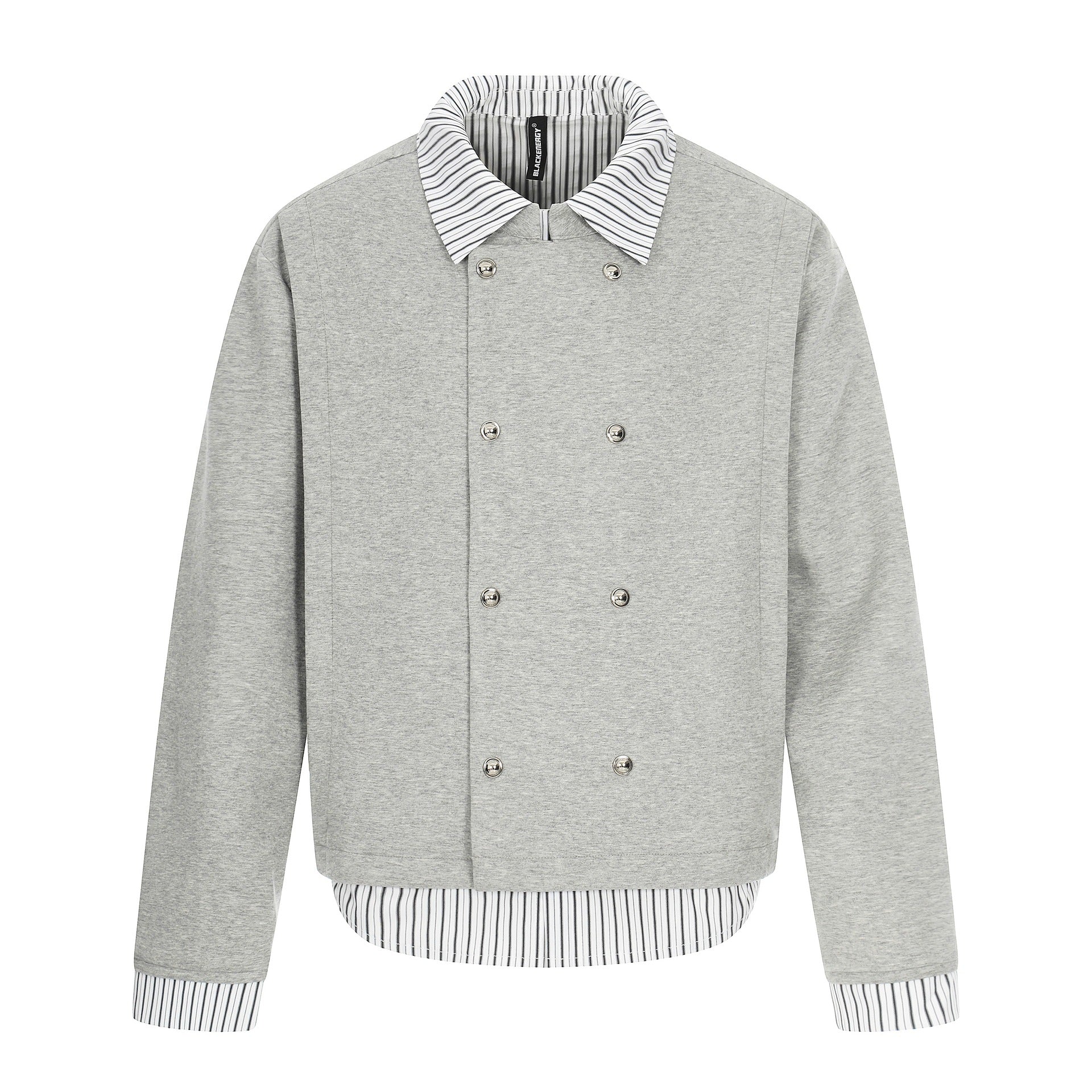 Striped Shirt Collar Spliced Mock Two-Piece Double-Breasted Jacket Coat