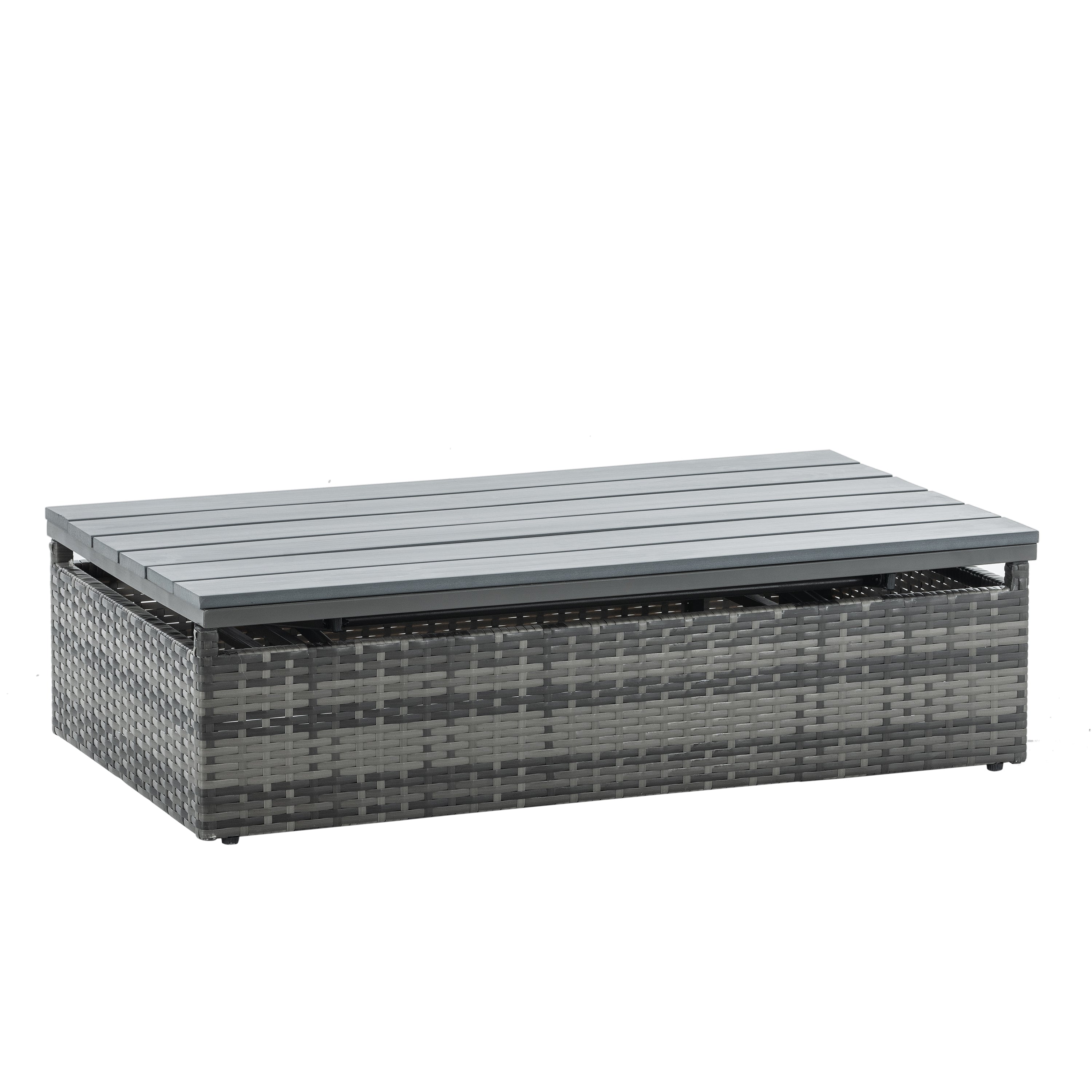 Mobilier de jardin, mobilier d'extérieur, mobilier saisonnier en osier PE, ensemble de 5 meubles en osier avec table basse en contreplaqué