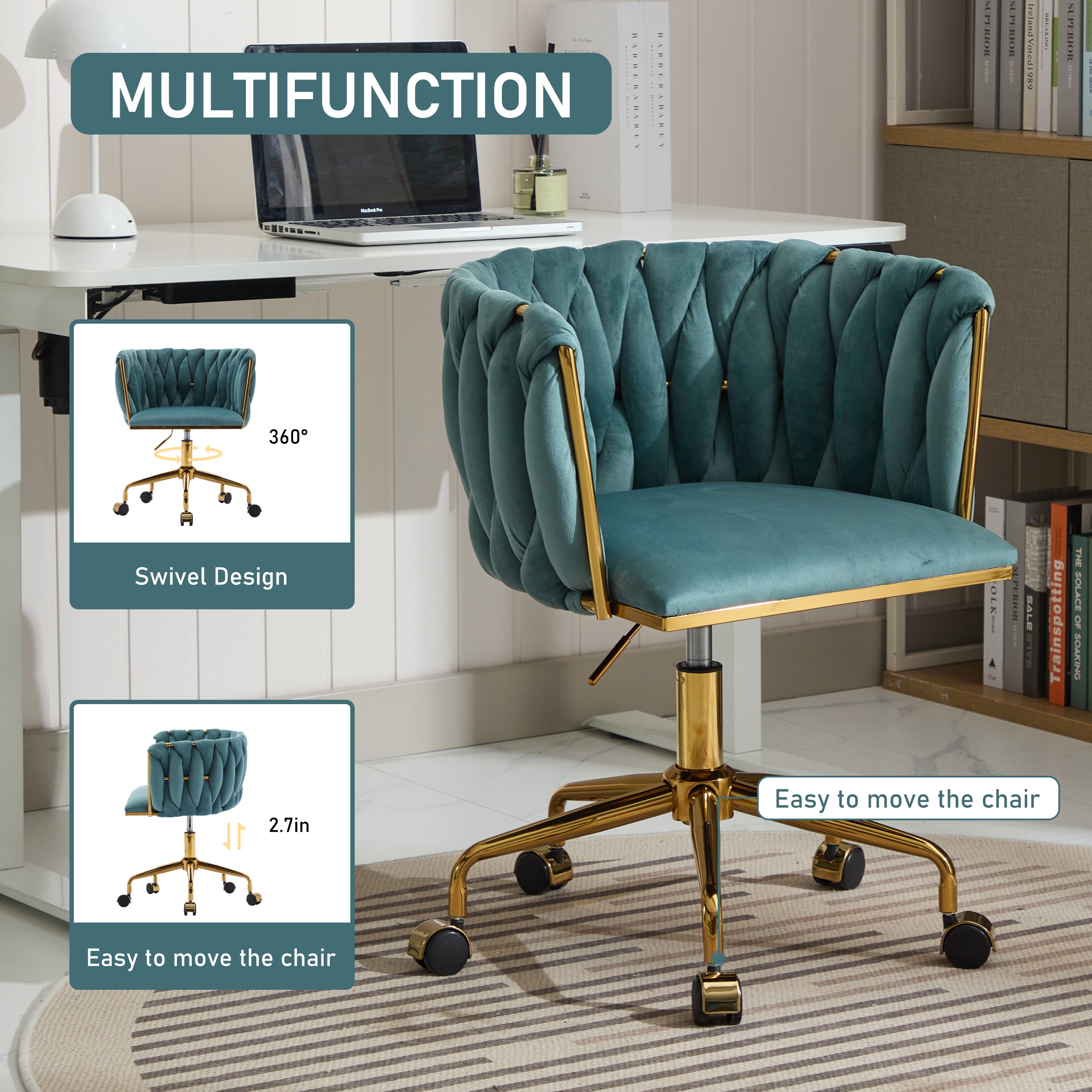 Accent Chair Makeup Chair with Hand Woven Backrest, Modern 360° Swivel Home Office Desk Chair for Study (GREEN)