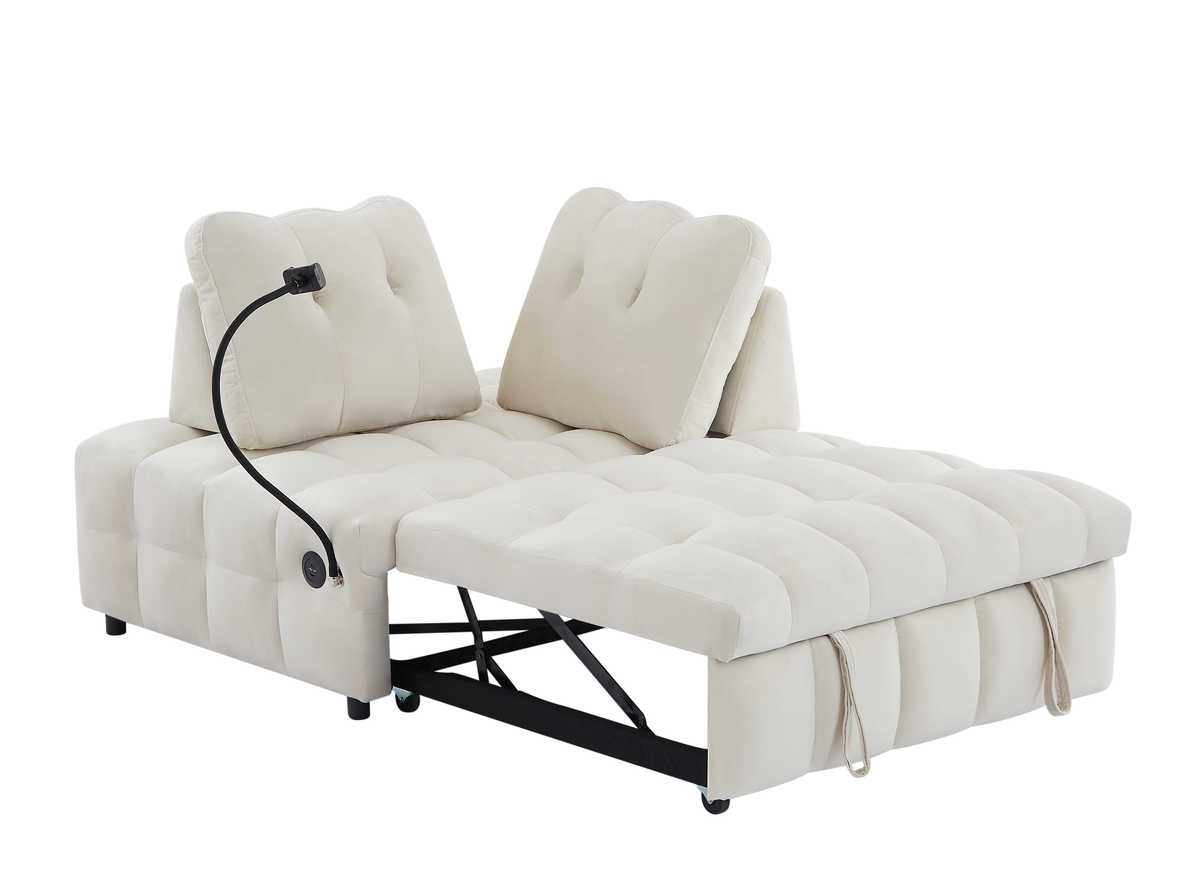 Canapé-lit gigogne moderne en velours, dossier amovible indépendamment, avec port USB et support de téléphone pivotant, beige