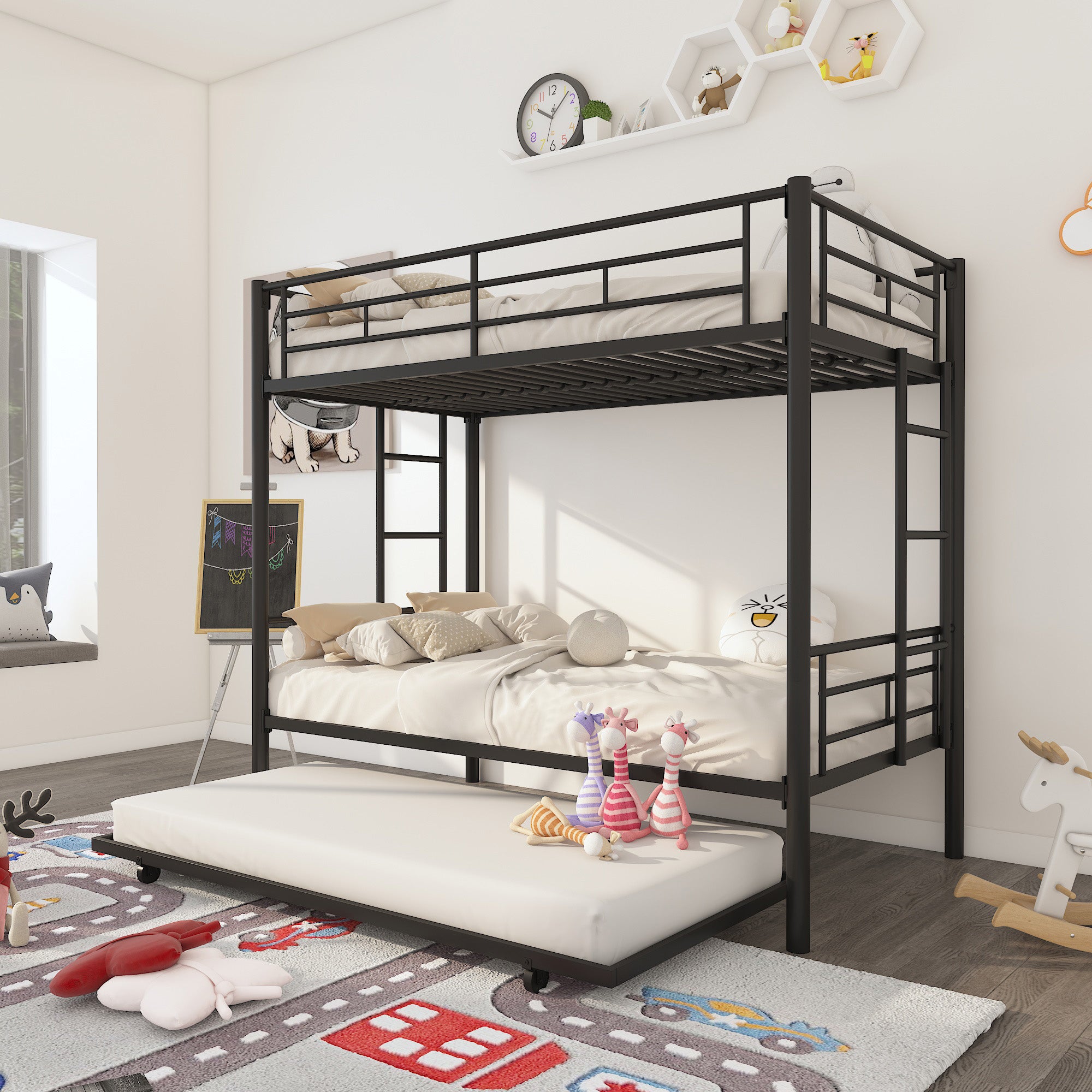 Twin Over Twin Metal Bunk Bed Frame with Trundle(Upgrade reinforcement version)