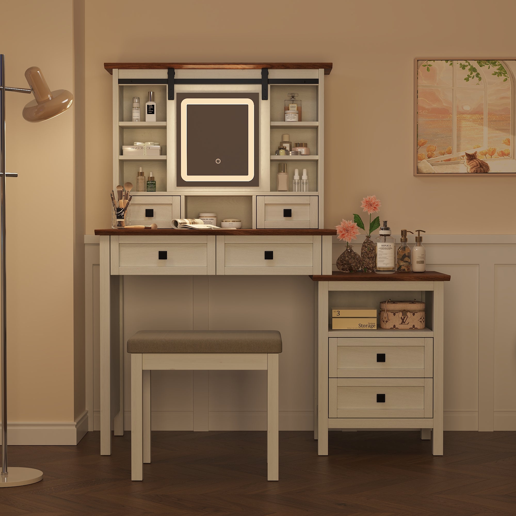 Coiffeuse de 46,5 pouces avec miroir à éclairage LED réglable et station de charge, équipée d'un tabouret rembourré moelleux