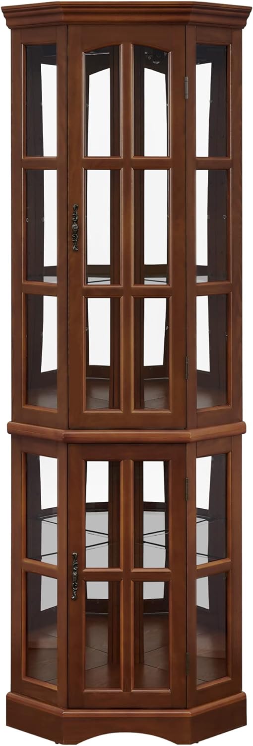 Corner Curio Cabinet with 5 Shelves and Lighting System, Walnut(E26 light bulb not included)