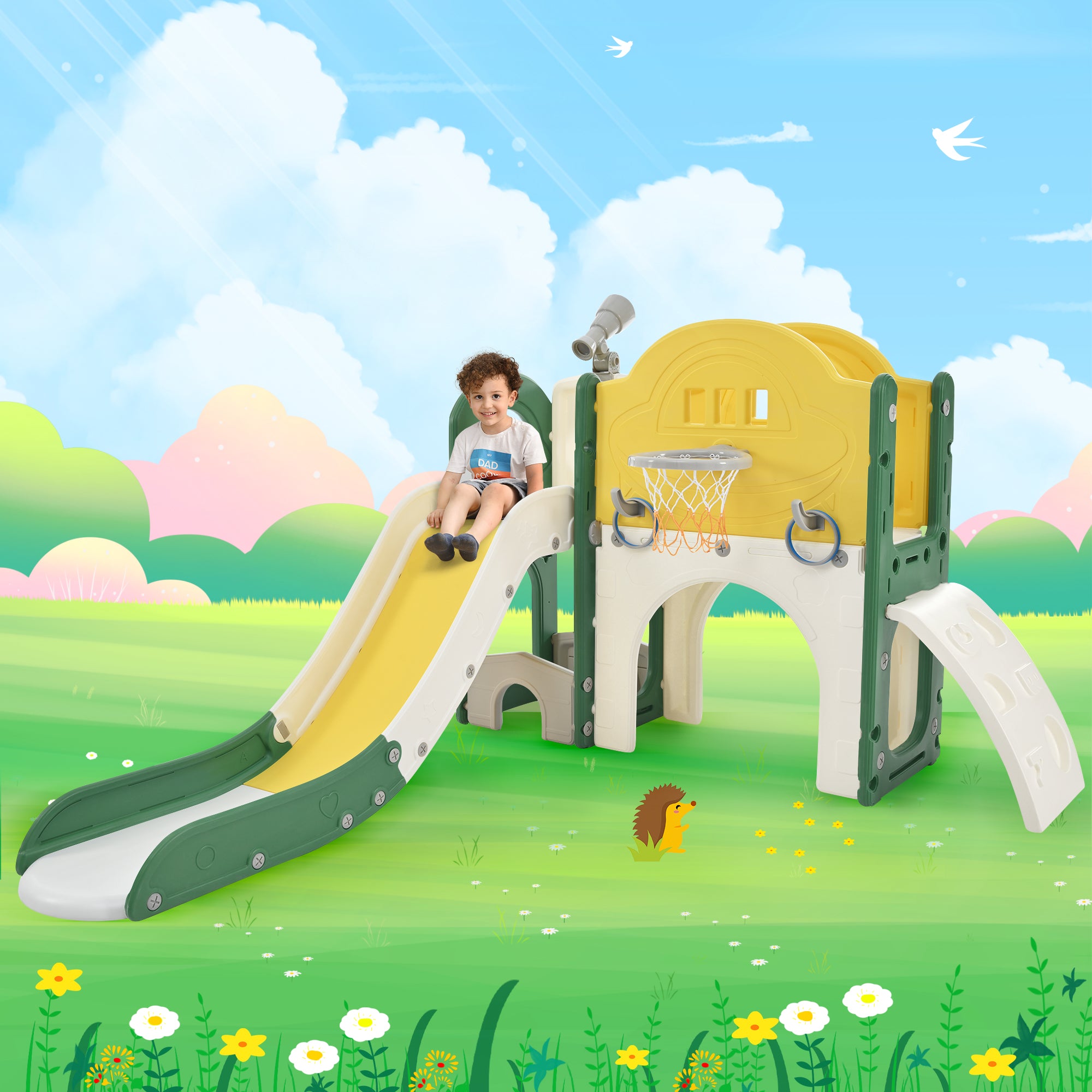Structure de jeu pour enfants 7 en 1, vaisseau spatial autonome avec toboggan, tunnel en arche jaune + PEHD