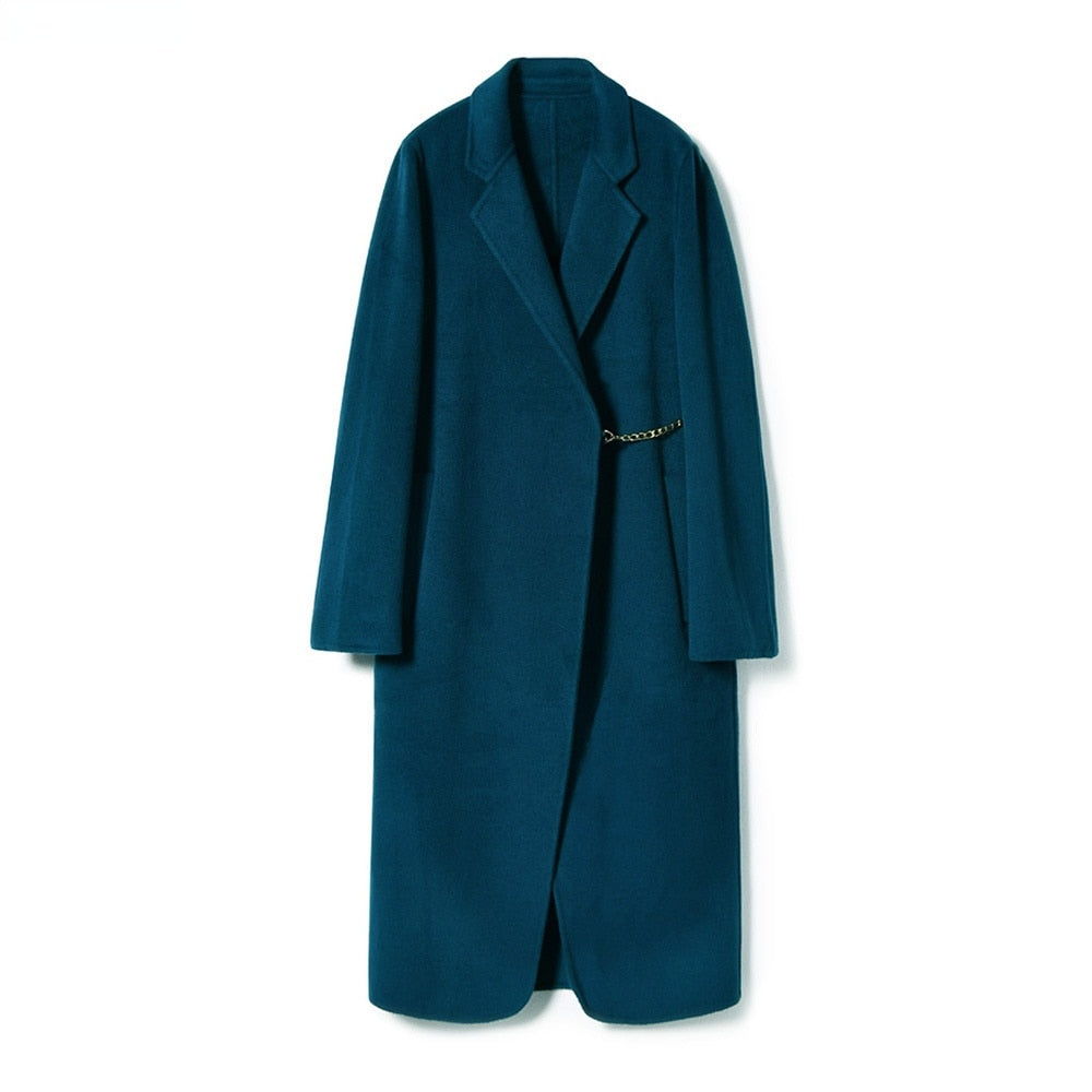 Manteau en laine réversible long avec ceinture simple et revers droit pour l'automne et l'hiver