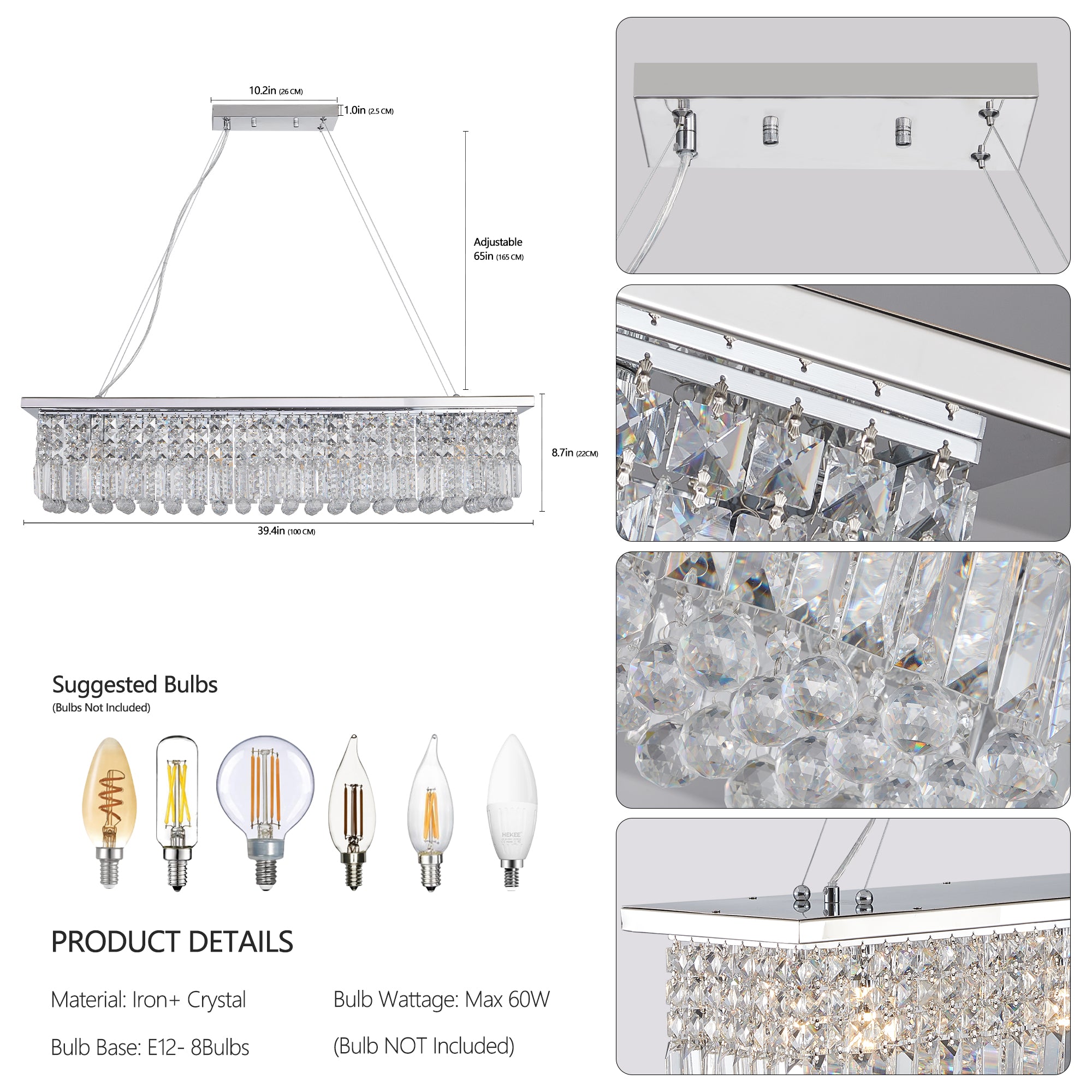 Lustre moderne en cristal pour salle à manger, 8 lumières, forme rectangulaire, blanc, forme goutte d'eau (L 99,4 x l 24,9 x H 22,1 cm) (ampoule non incluse)