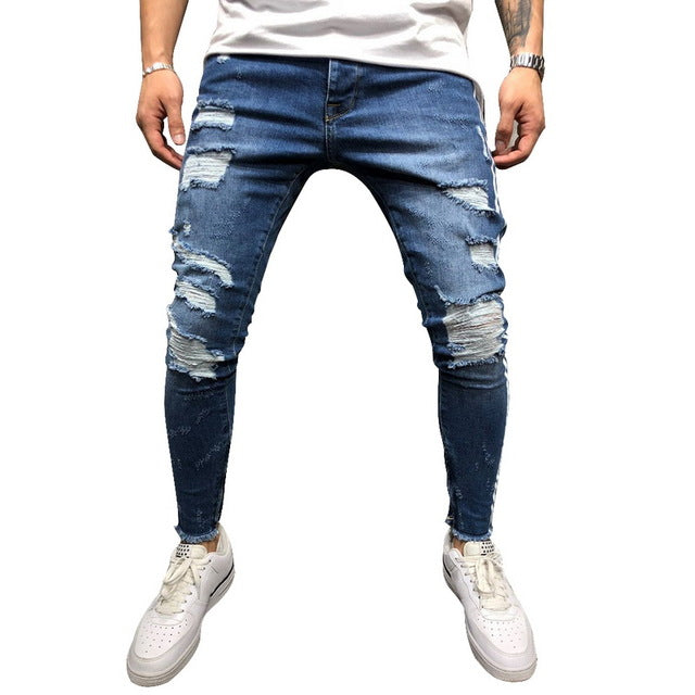 Jean déchiré à rayures latérales, mode streetwear, pantalon skinny extensible pour homme, slim, décontracté, en denim