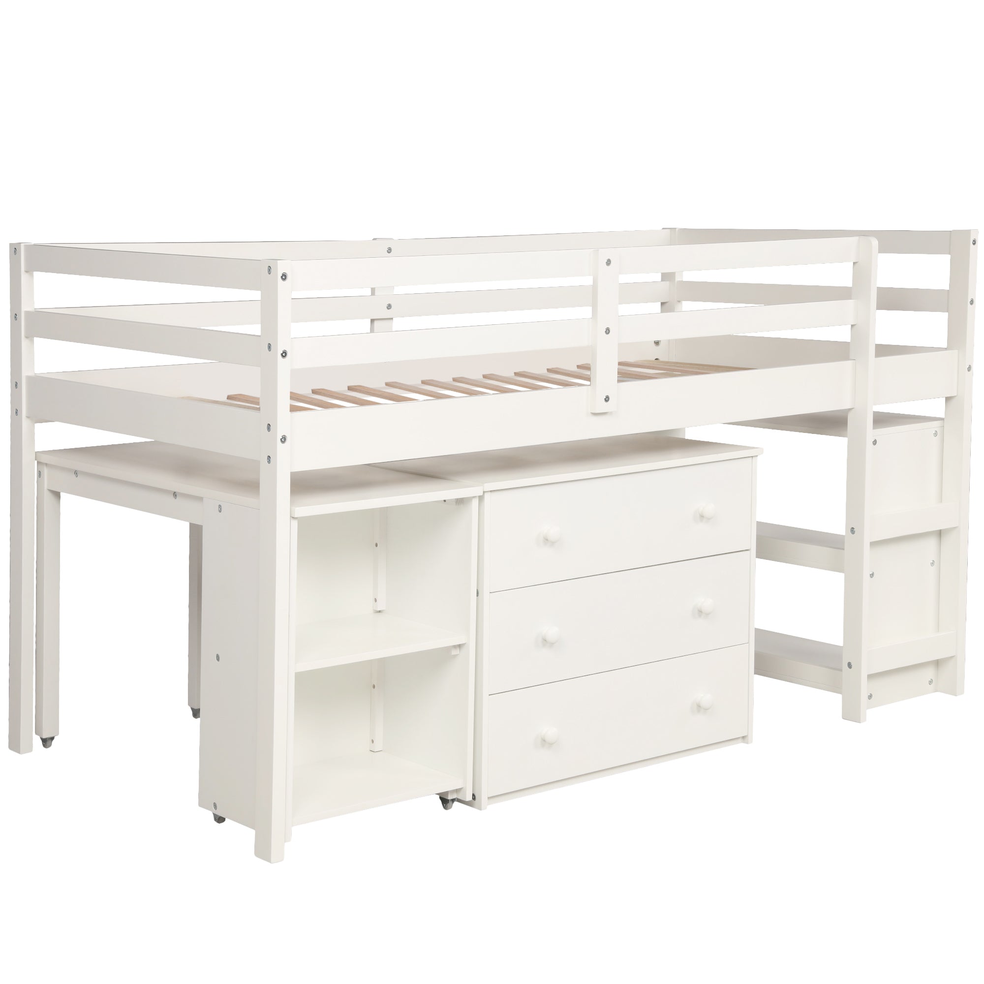 Lit mezzanine simple avec armoire et bureau roulant portable - Blanc (ANCIEN SKU : LP000113AAK)