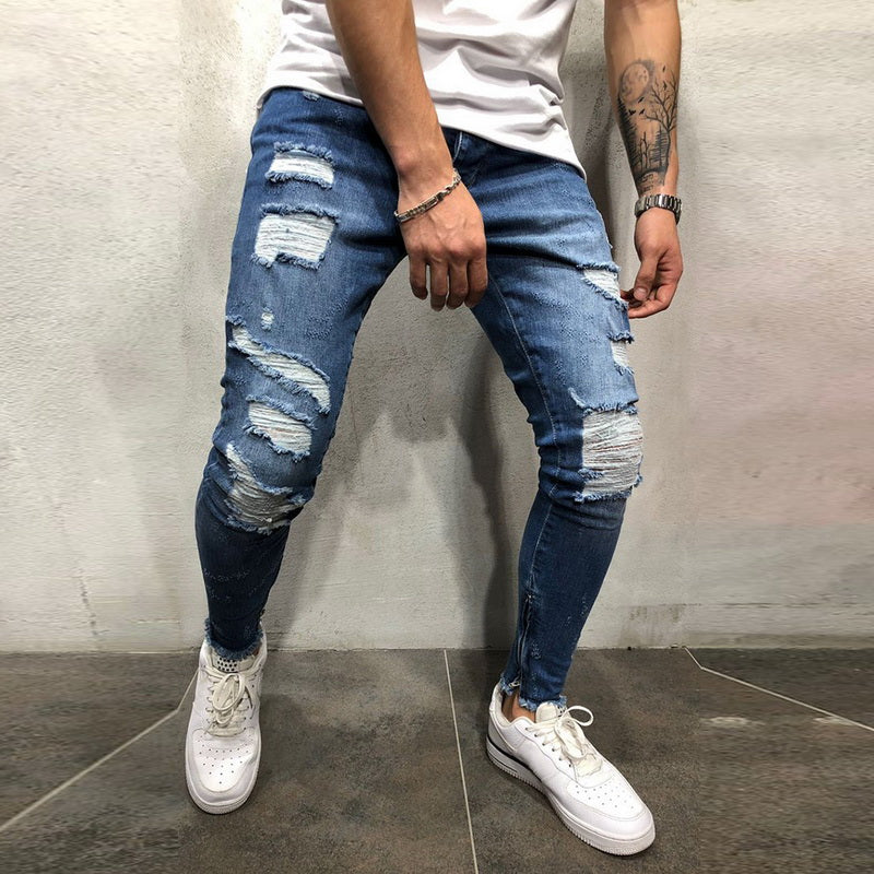 Jean déchiré à rayures latérales, mode streetwear, pantalon skinny extensible pour homme, slim, décontracté, en denim