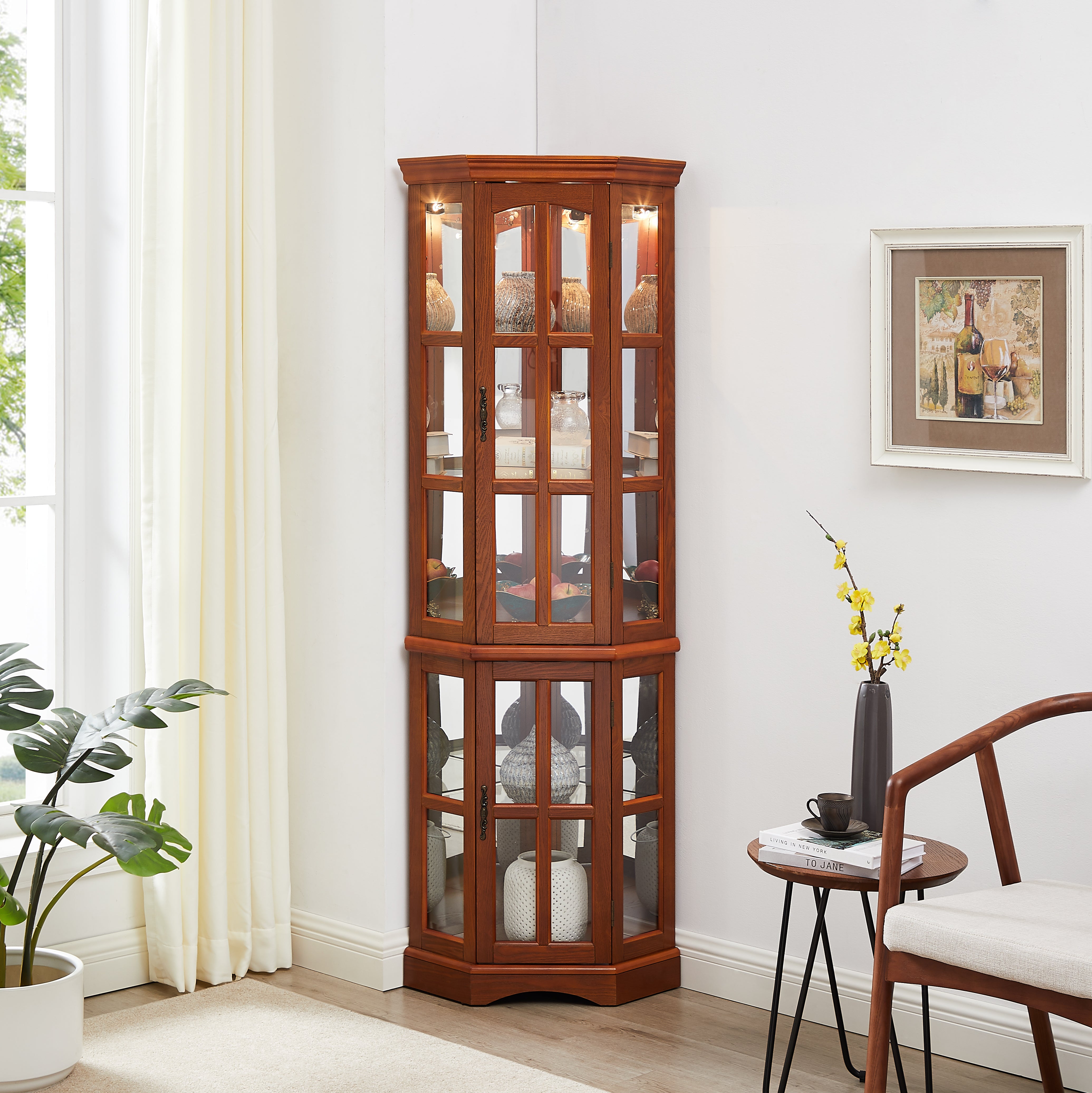 Corner Curio Cabinet with 5 Shelves and Lighting System, Oak(E26 light bulb not included)