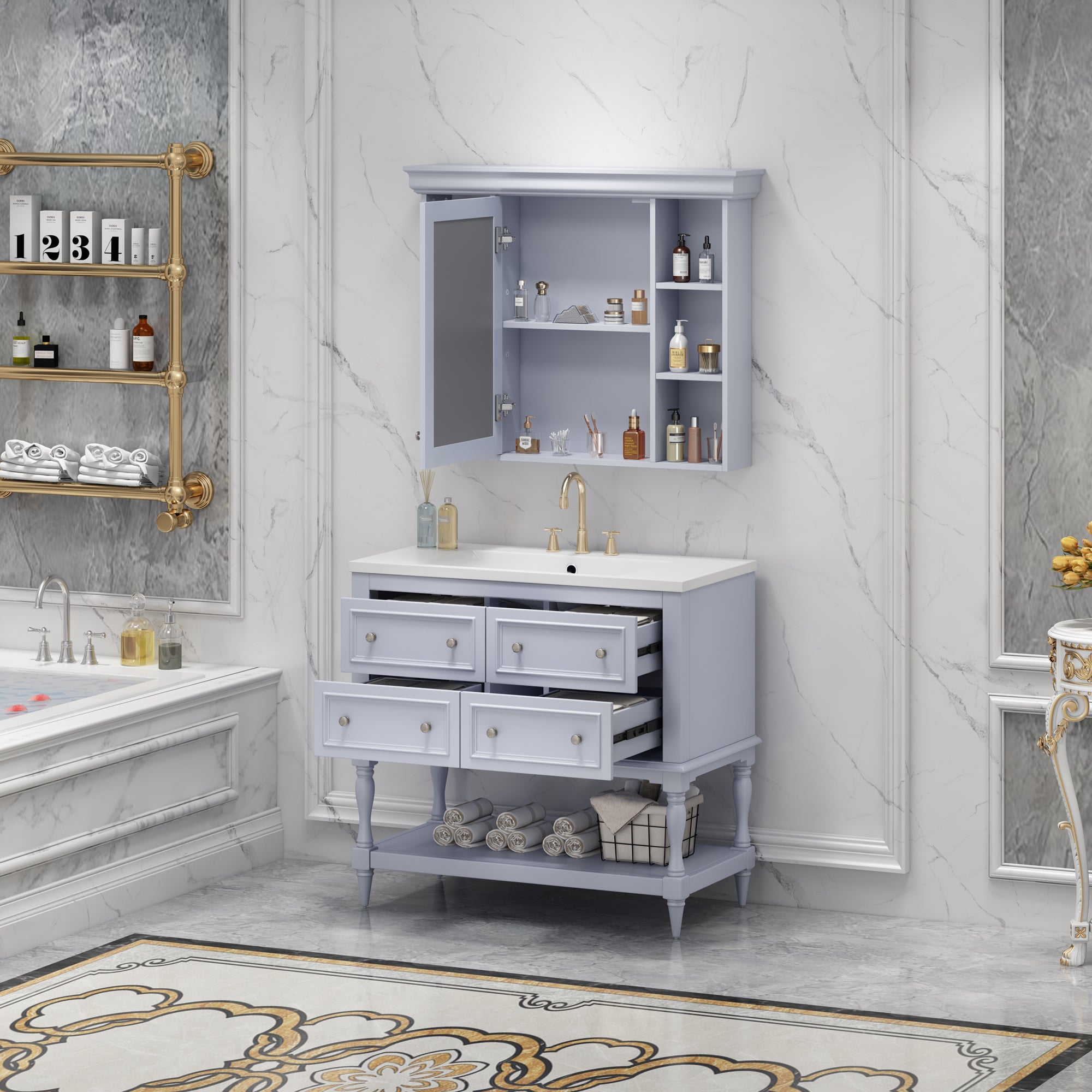 Meuble-lavabo de salle de bain 36'' avec armoire à pharmacie, armoire à miroir moderne avec étagère réglable, meuble de rangement de salle de bain avec 4 tiroirs