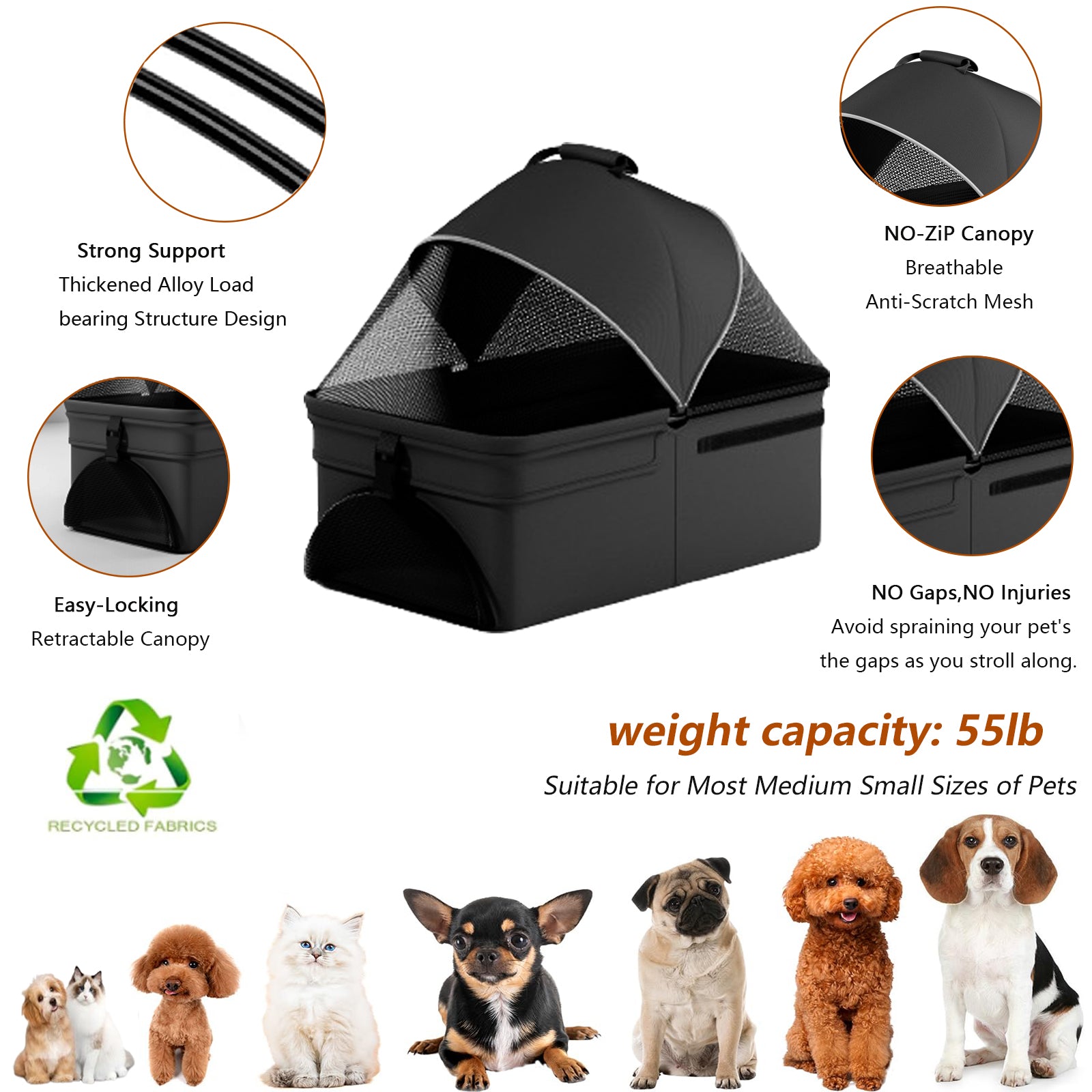 Chariot pliable 2 en 1 pour chien, chariot pliable pour animaux de compagnie, chariot à quatre roues pour chien/chat, coussin imperméable, siège auto, pare-soleil