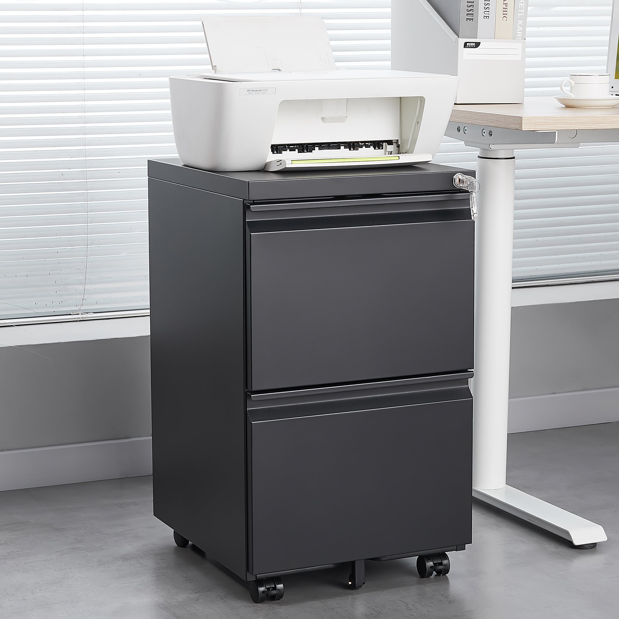 Metal 2 drawer mobile file cabinet with lock, 25.6-inch high legal/letter size file storage cabinet black
