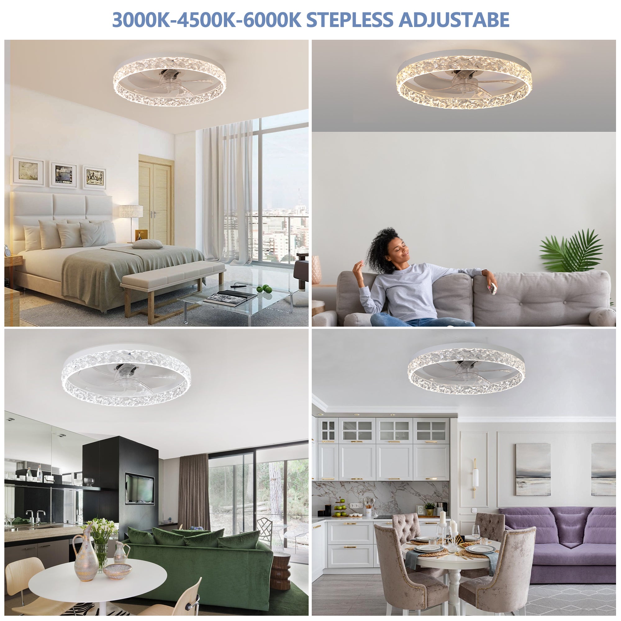 Ventilateur de plafond moderne en acrylique avec télécommande, suspension LED à intensité variable, réglable à 6 vitesses, moteur silencieux