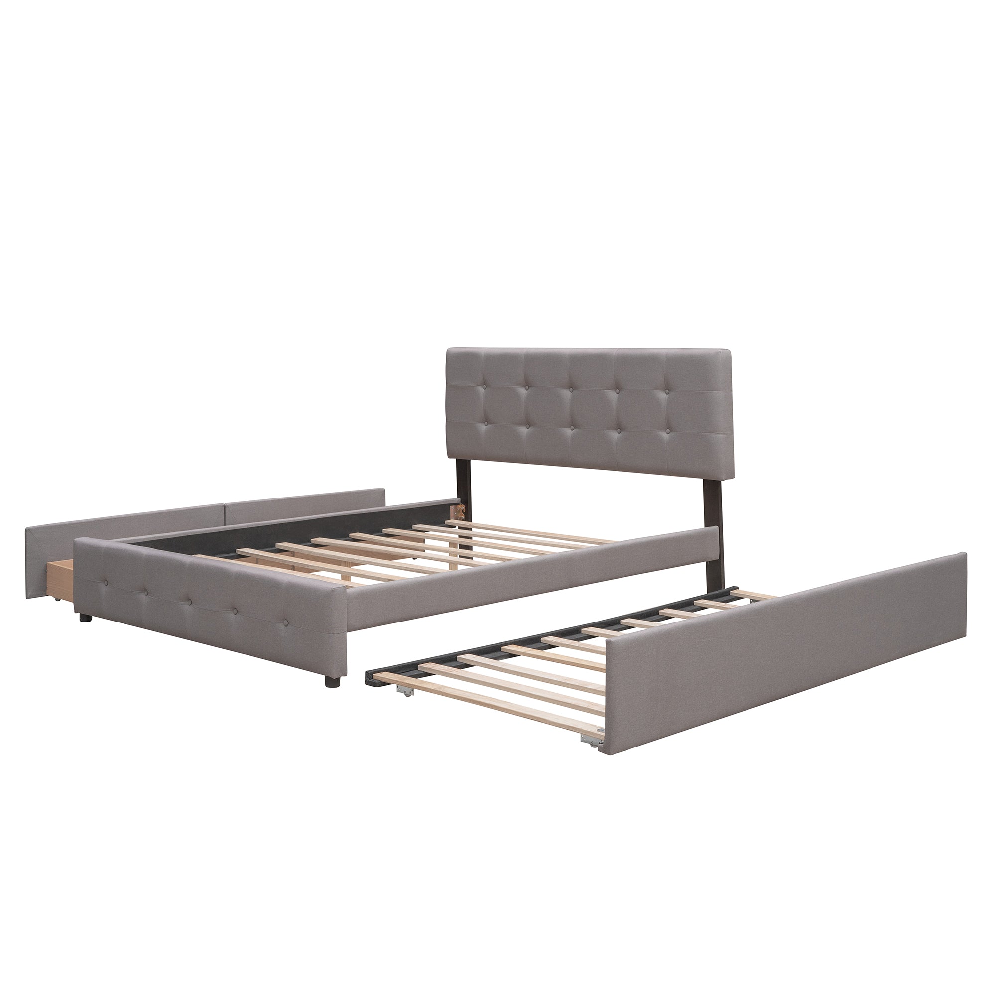 Lit plateforme rembourré avec 2 tiroirs et 1 lit gigogne simple XL en tissu lin, taille Queen - Gris clair
