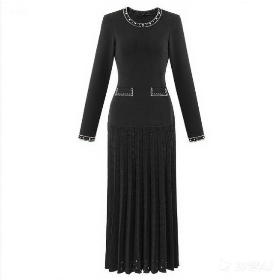 Elegant Long Sleeve Pearl Embellished Pleated Knit Dress for Women