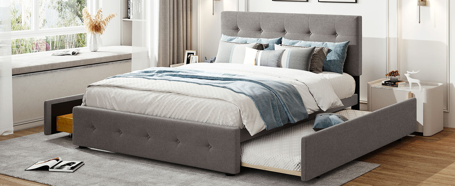 Lit plateforme rembourré avec 2 tiroirs et 1 lit gigogne simple XL en tissu lin, taille Queen - Gris clair