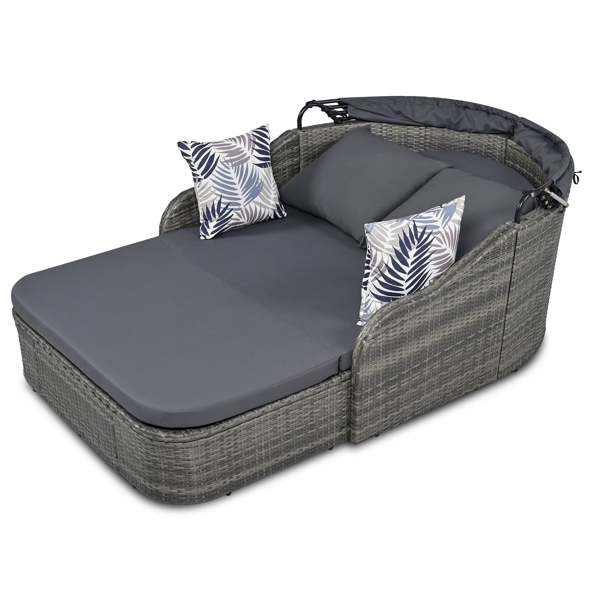 Chaise longue d'extérieur GO 79,9" avec auvent réglable, double salon, lit de repos en rotin synthétique, osier gris et coussin