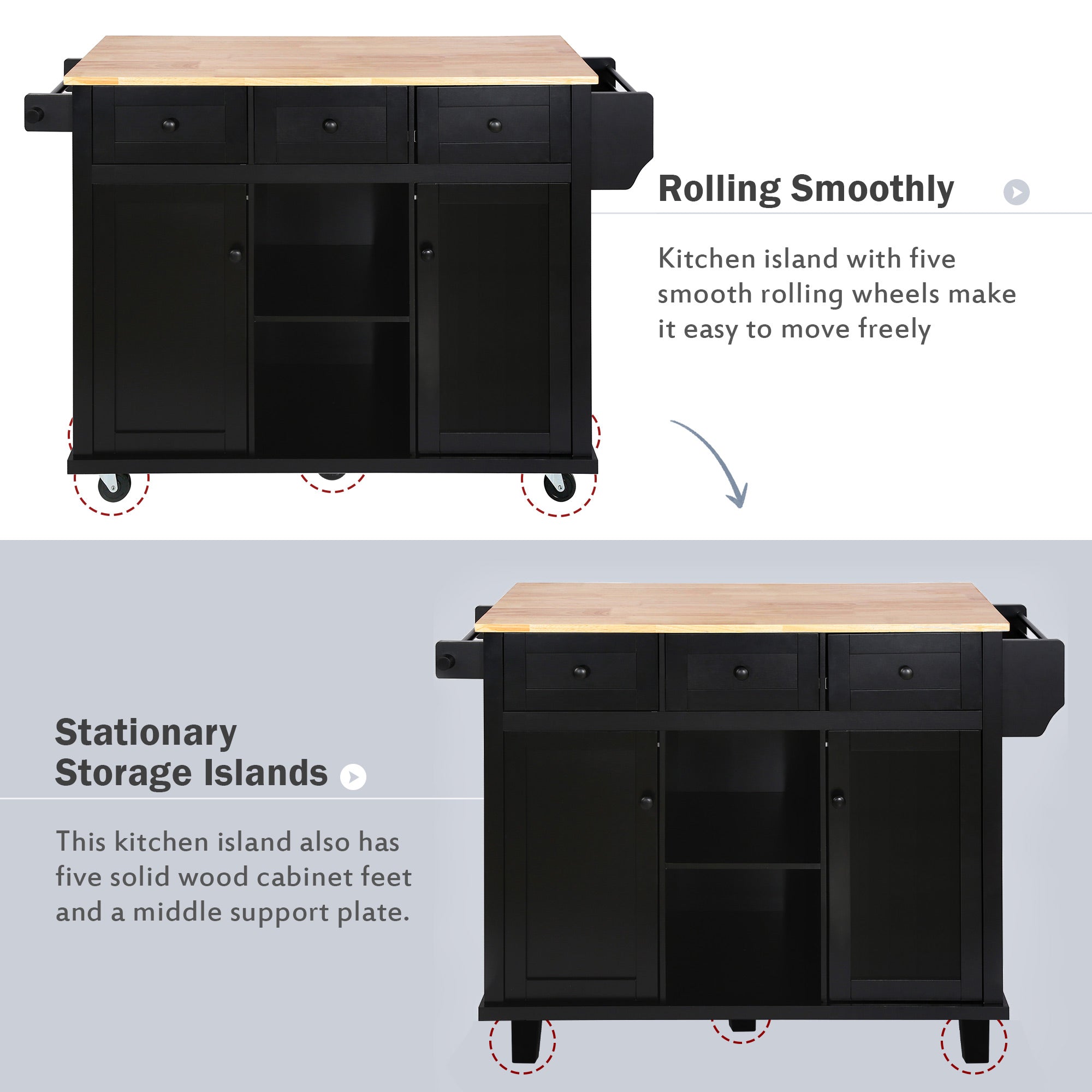 Kitchen trolley with rubber wood leaf countertop, 5-wheel kitchen island, storage cabinet and 3 dining drawers, black