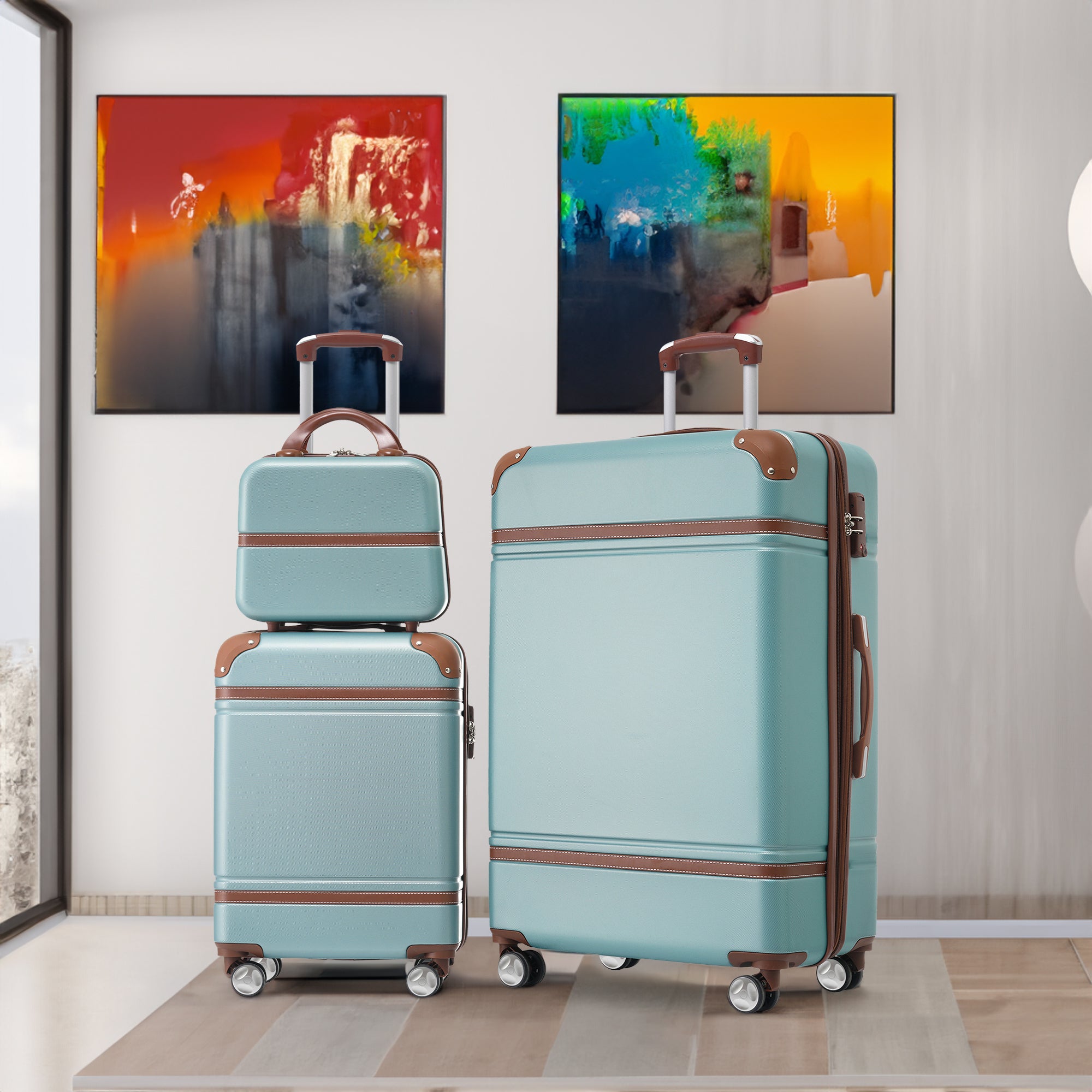 Ensemble de 3 valises rigides 20" + 28" avec trousse de maquillage, valise à roulettes avec serrure TSA, légère et verte
