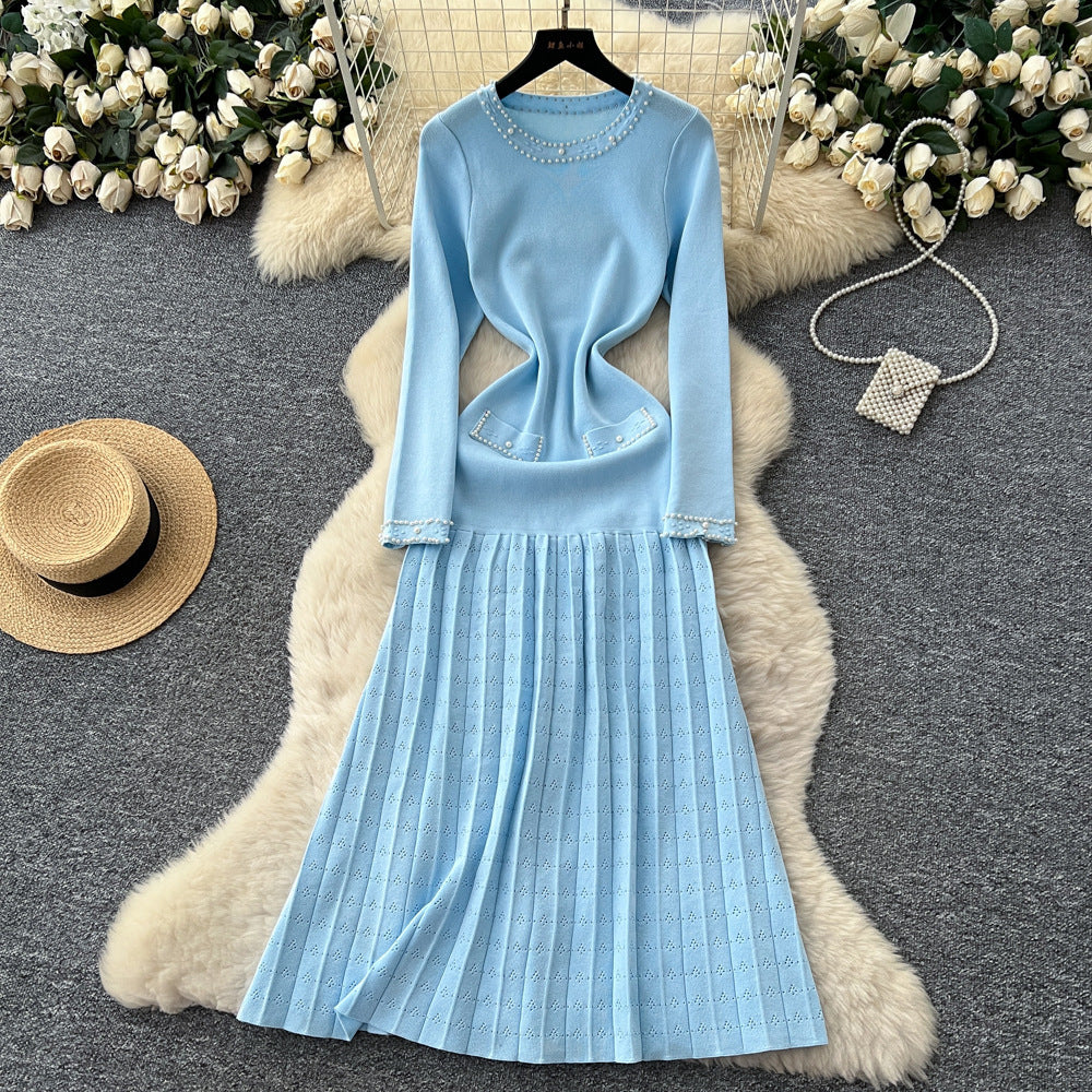 Elegant Long Sleeve Pearl Embellished Pleated Knit Dress for Women