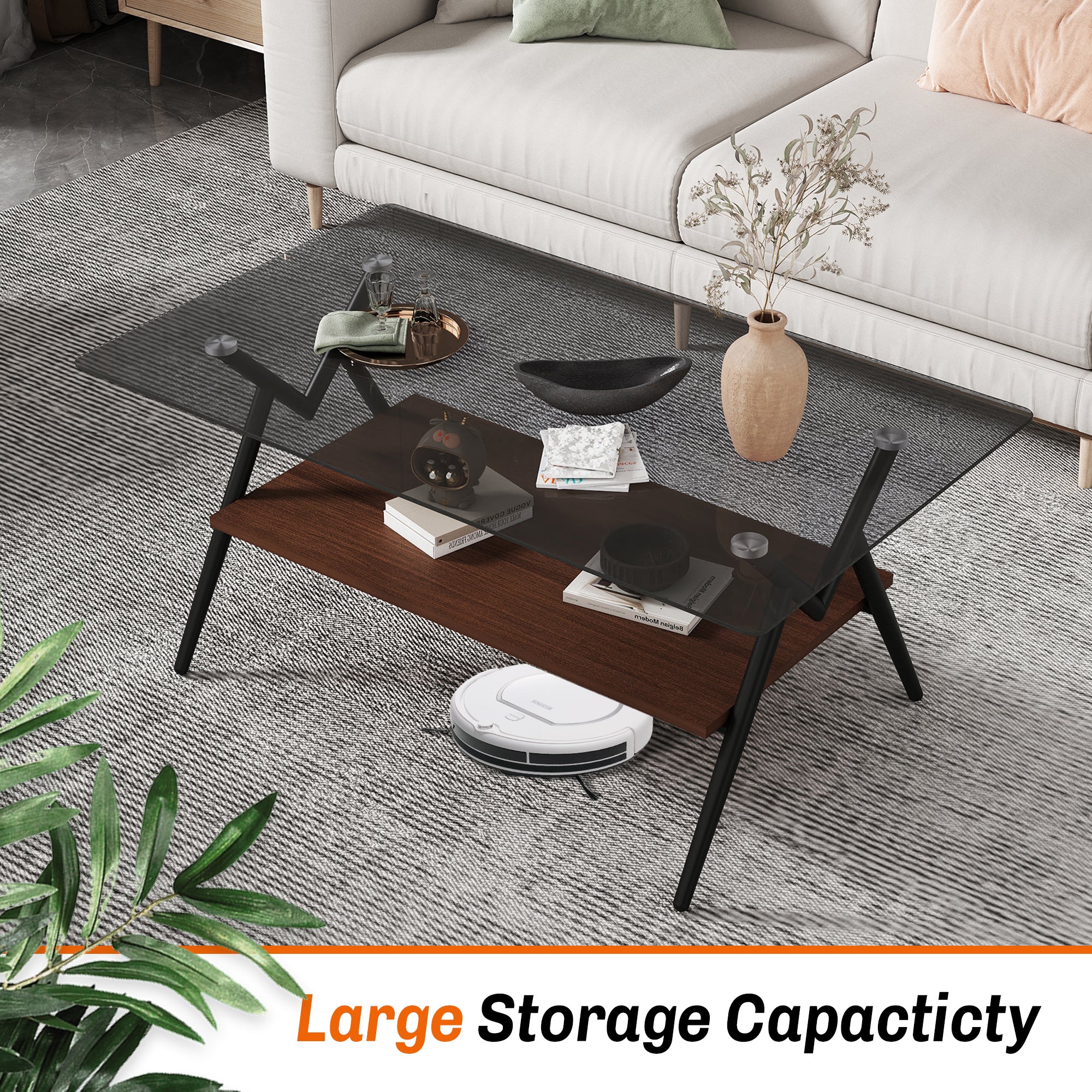 Table basse rectangulaire avec plateau en verre trempé et étagère en MDF marron, table moderne pour salon, verre gris