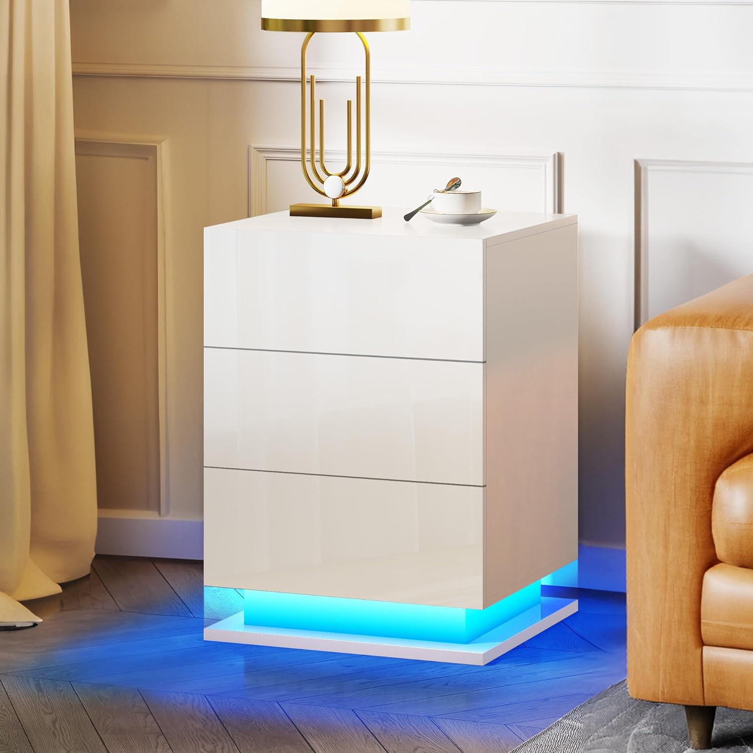 Table de chevet LED avec 3 tiroirs, table de chevet blanche, table d'appoint moderne pour chambre à coucher