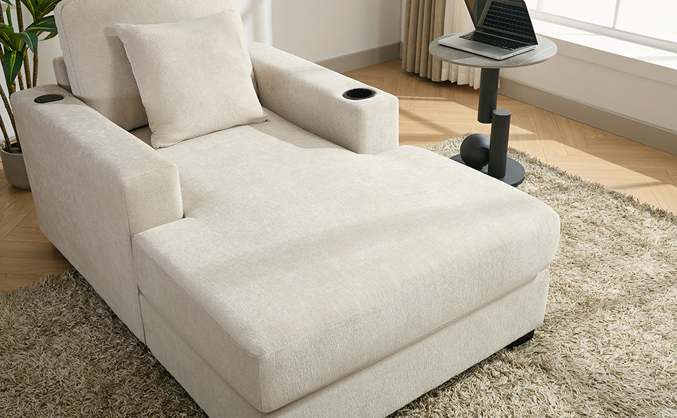 Canapé-lit surdimensionné de 100 cm, style moderne, avec coussins, station de charge et porte-gobelets, tissu chenille, couleur crème