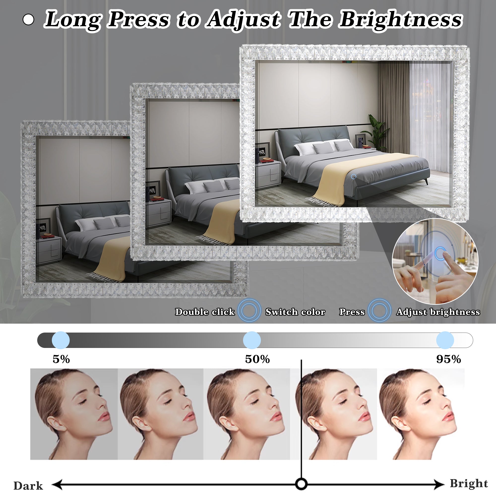 Miroir lumineux LED en cristal avec lumières à intensité variable