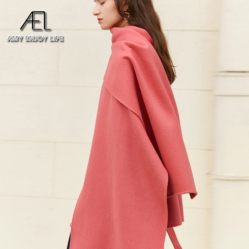Manteau 100 % laine avec ceinture, veste printemps-automne pour femme, couleur unie avec écharpe, chaud, mode streetwear