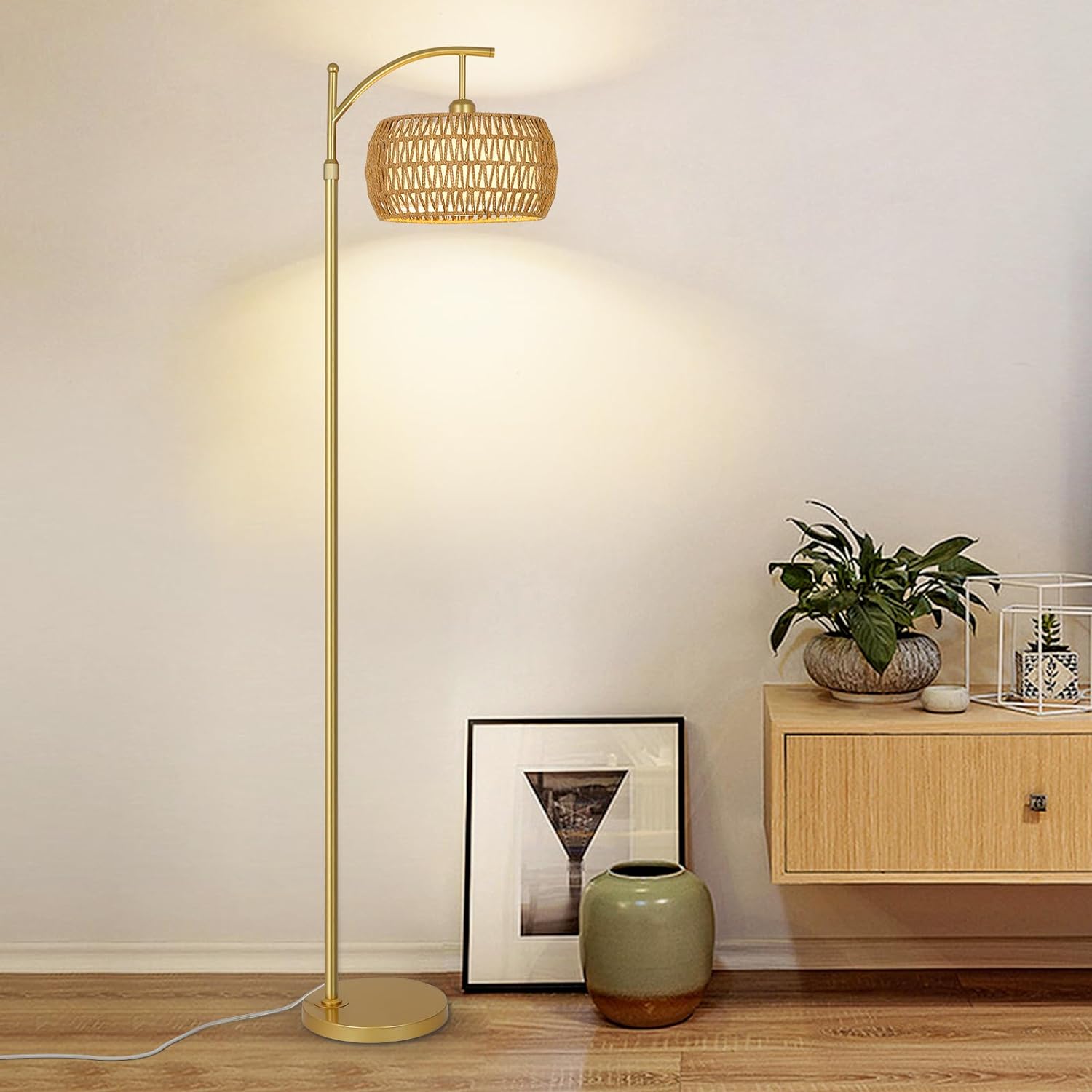 Lampadaire arqué à 3 températures de couleur, lampadaire LED doré avec télécommande et ampoule à intensité variable, lampe sur pied bohème