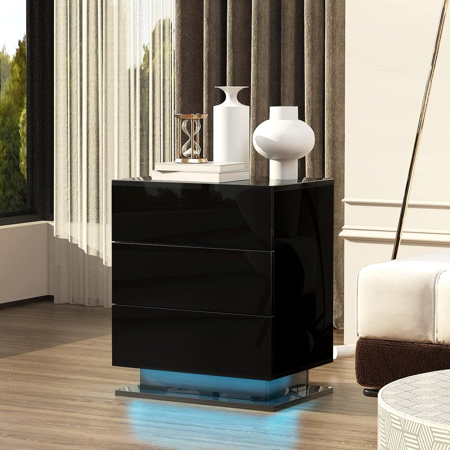 Table de chevet avec 3 tiroirs de rangement, lumières LED, table d'appoint pour chambre à coucher