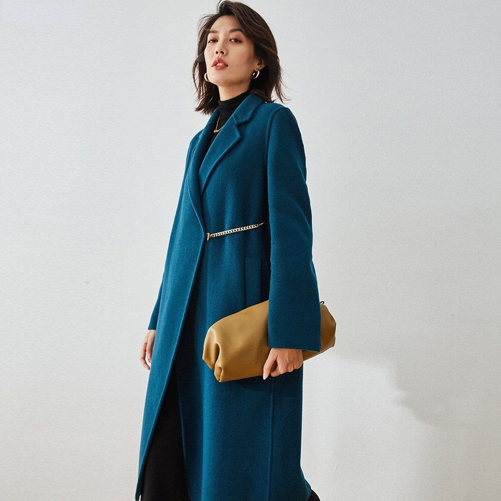 Manteau en laine réversible long avec ceinture simple et revers droit pour l'automne et l'hiver