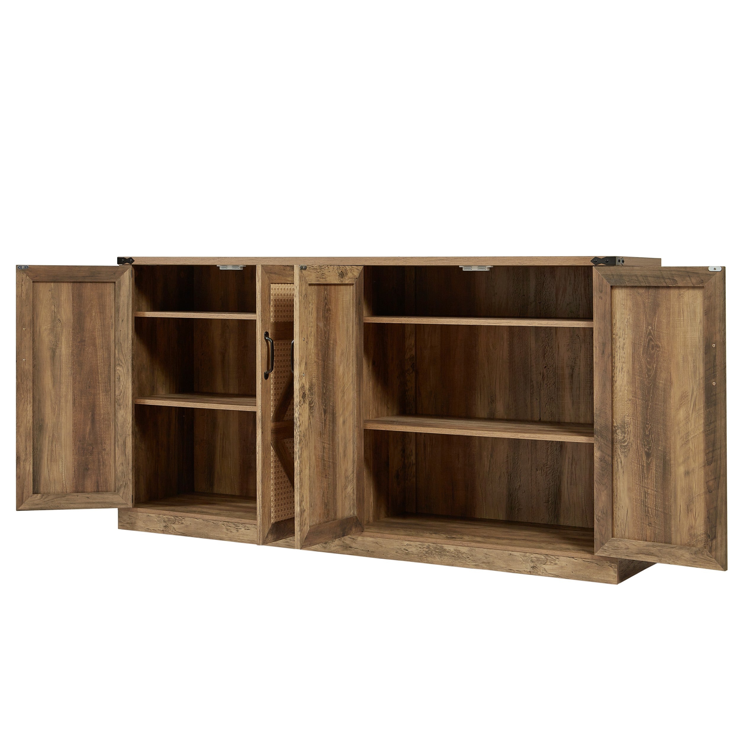 65-Inch Rustic Oak Color Faux Rattan Sideboard, Barn Door Rustic Style Sideboard, Living Room, Entryway, Bedroom