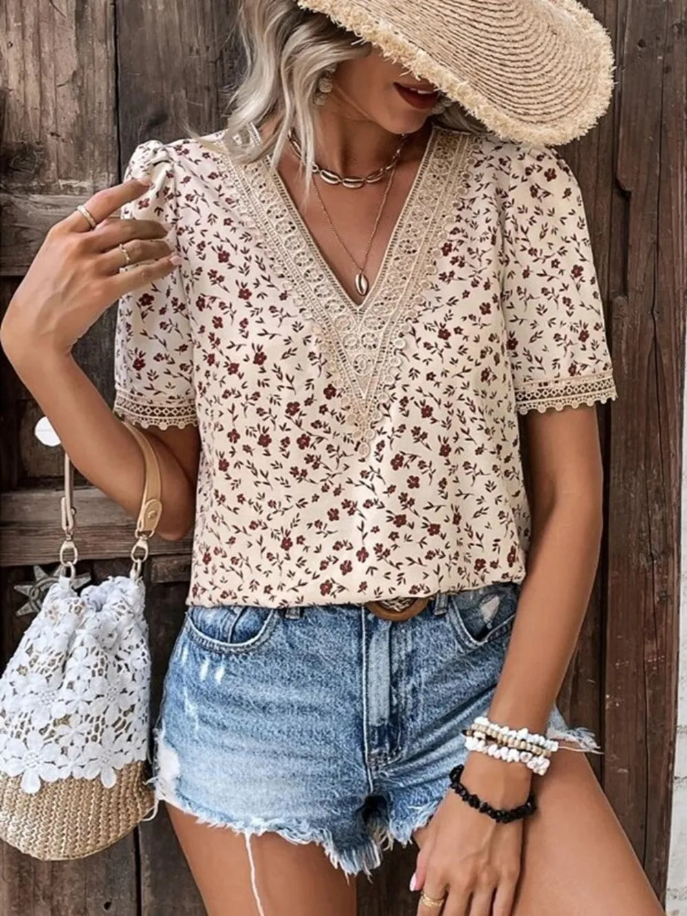 Women's V-neck lace casual solid color shirt