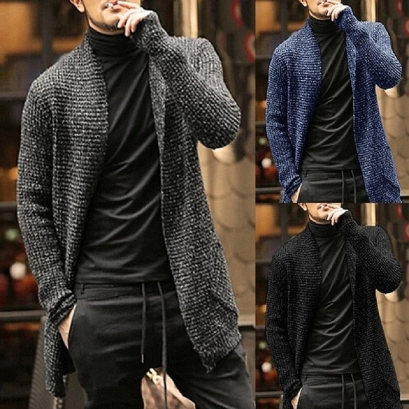 Cardigan tricoté pour homme, pull long, décontracté, slim, trench, streetwear, gris, automne