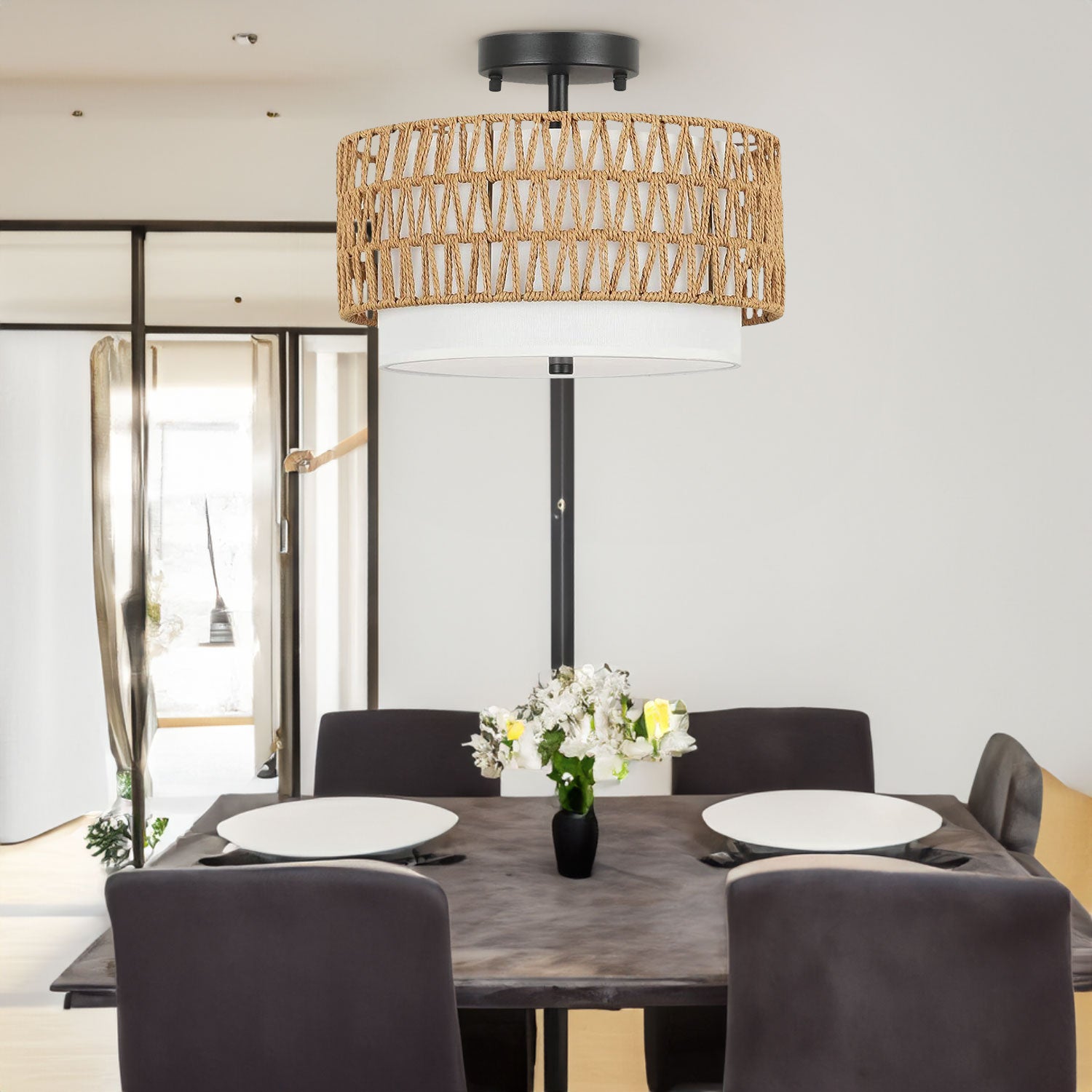 Plafonnier semi-encastré à 3 lampes, luminaire bohème en rotin, luminaire tambour de ferme avec abat-jour en tissu