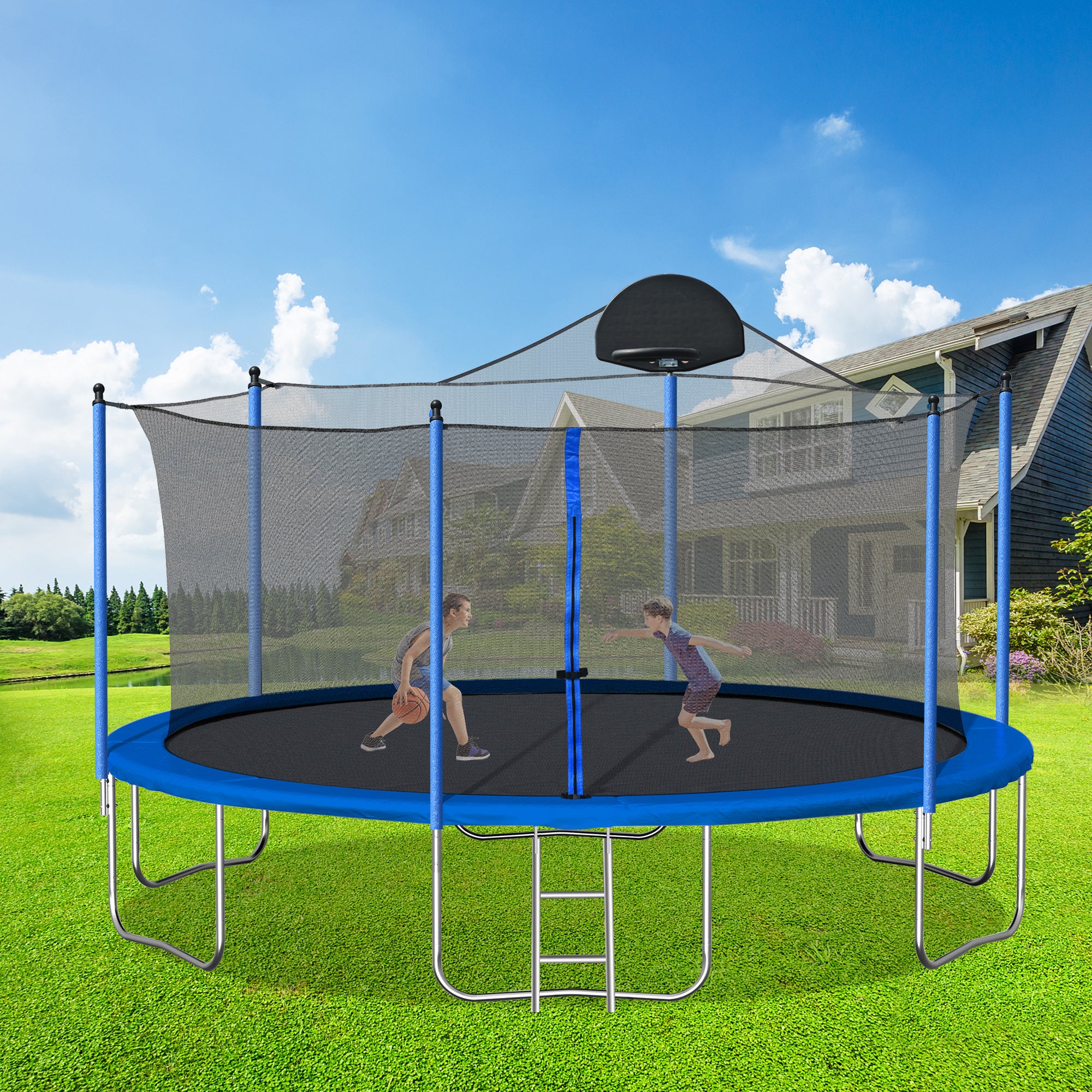 Trampoline de 14 pieds pour adultes et enfants avec panier de basket, trampolines d'extérieur avec échelle et filet de sécurité pour enfants et adultes