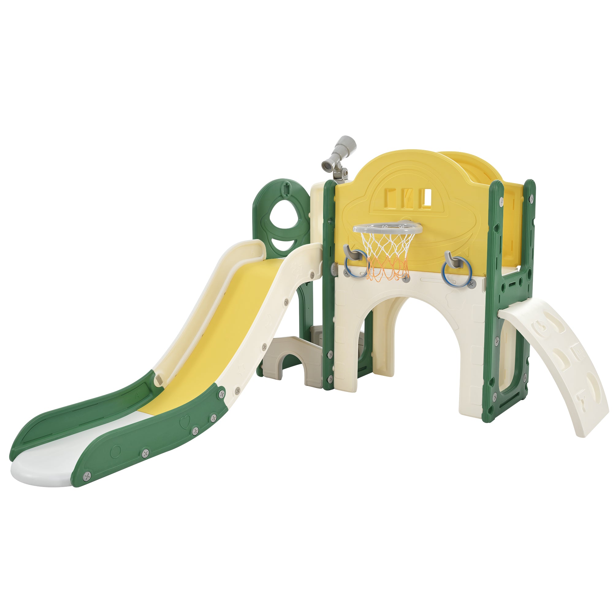 Structure de jeu pour enfants 7 en 1, vaisseau spatial autonome avec toboggan, tunnel en arche jaune + PEHD