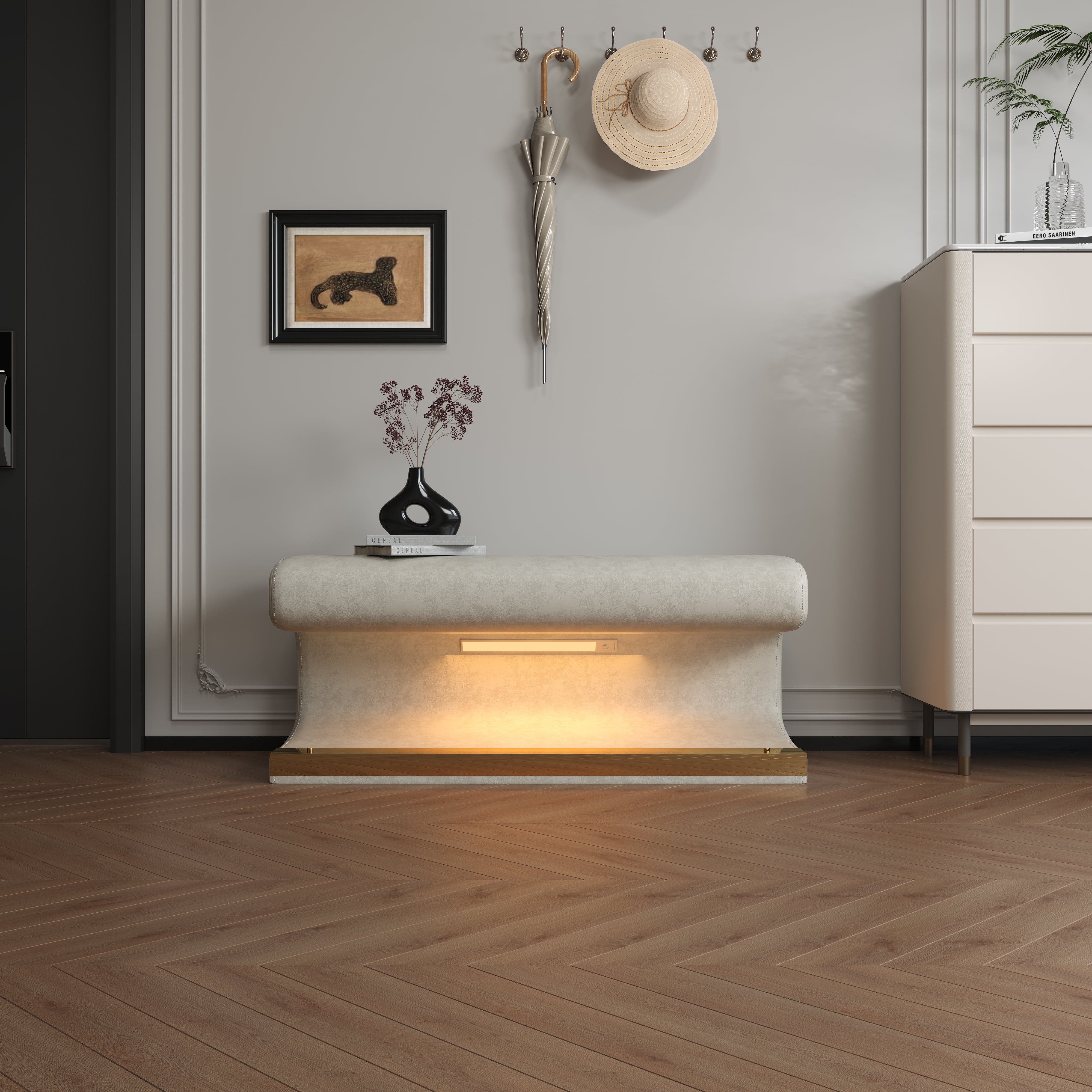 Banc d'entrée ottoman rembourré en cuir avec lumière à capteur LED pour salon, chambre, bout de lit, beige