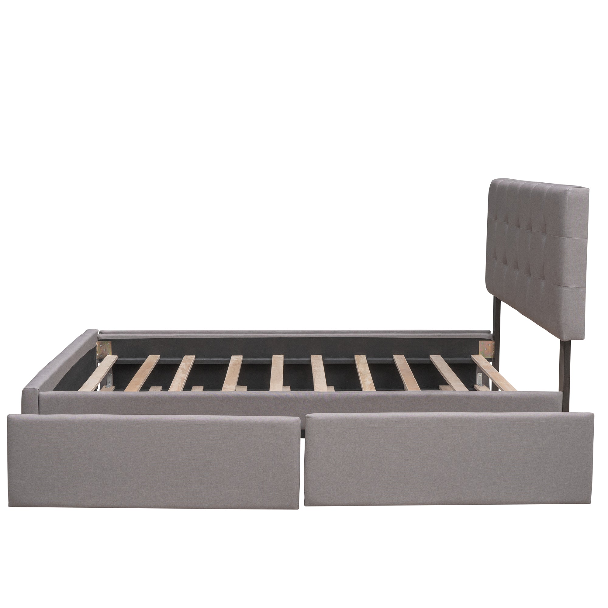 Lit plateforme rembourré avec 2 tiroirs et 1 lit gigogne simple XL en tissu lin, taille Queen - Gris clair