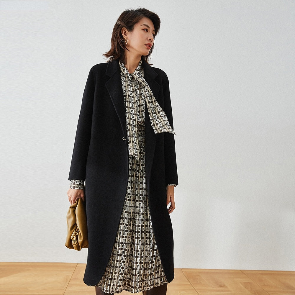 Manteau en laine réversible long avec ceinture simple et revers droit pour l'automne et l'hiver